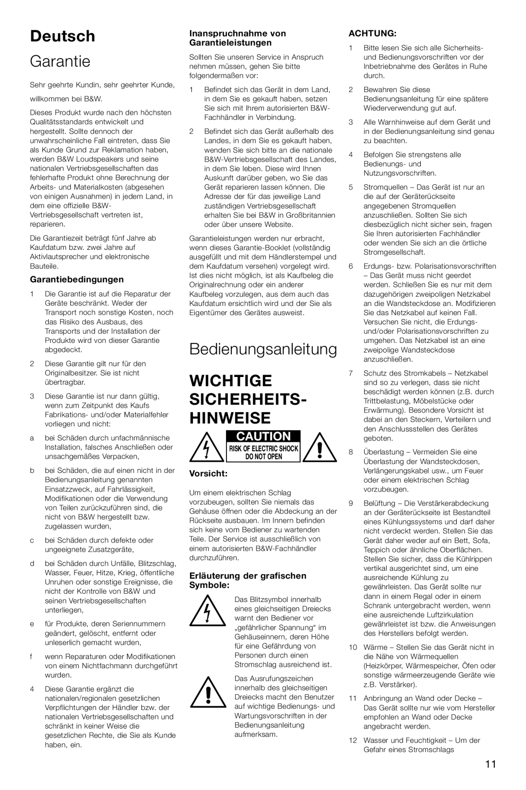 Bowers & Wilkins ASW600 Deutsch, Bedienungsanleitung, Wichtige Sicherheits- Hinweise, Garantiebedingungen, Vorsicht 
