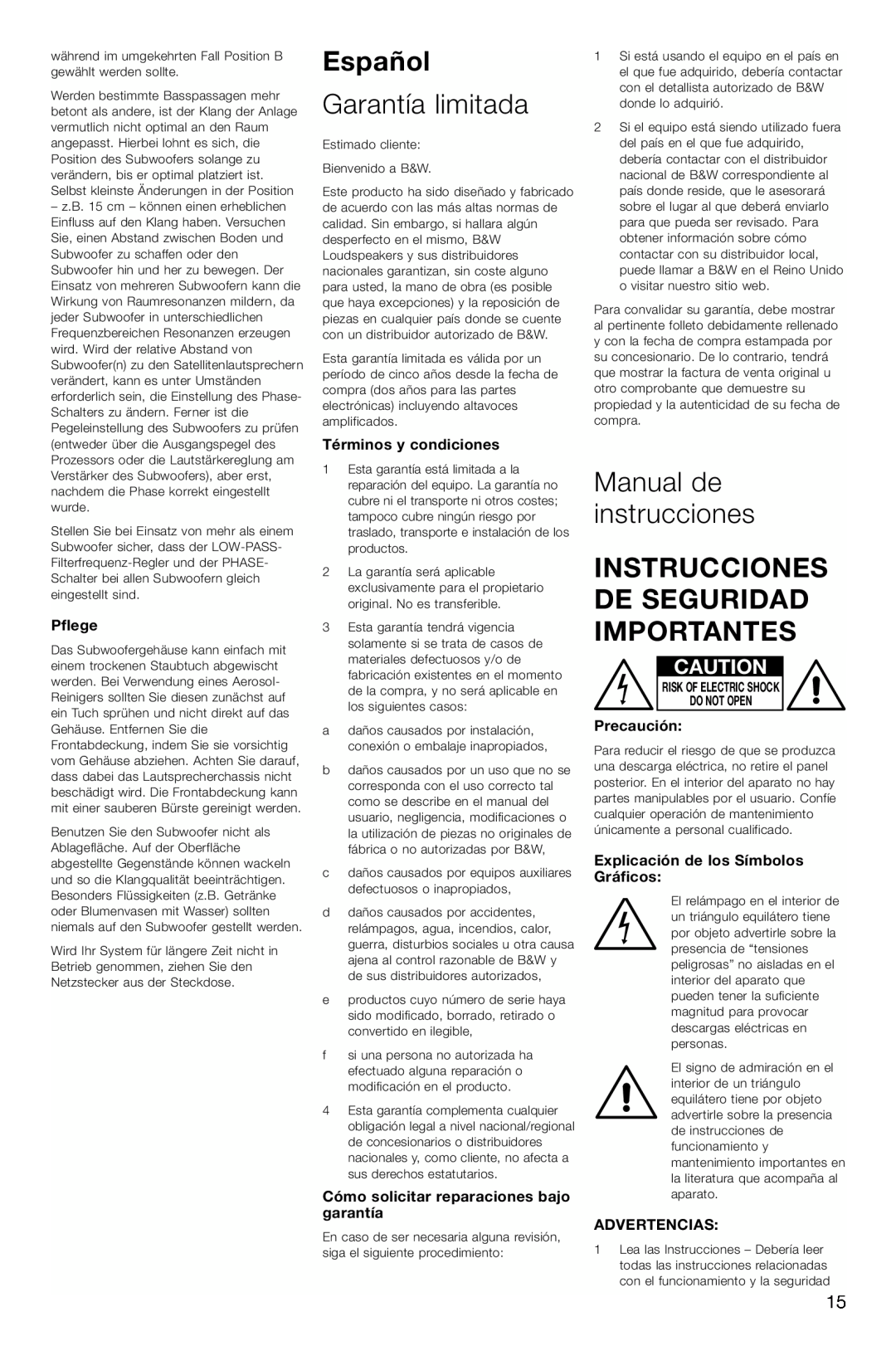 Bowers & Wilkins ASW600 Español, Garantía limitada, Manual de instrucciones, Instrucciones De Seguridad Importantes 