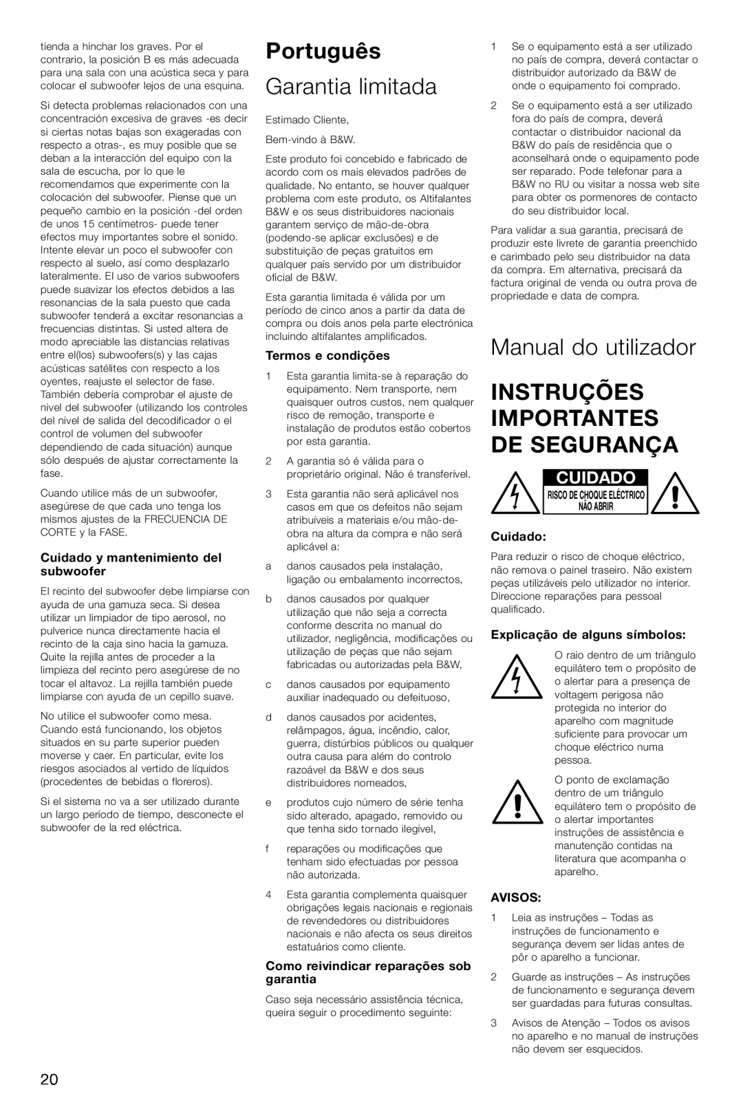 Bowers & Wilkins ASW600 Português, Garantia limitada, Manual do utilizador, Instruções Importantes De Segurança, Cuidado 