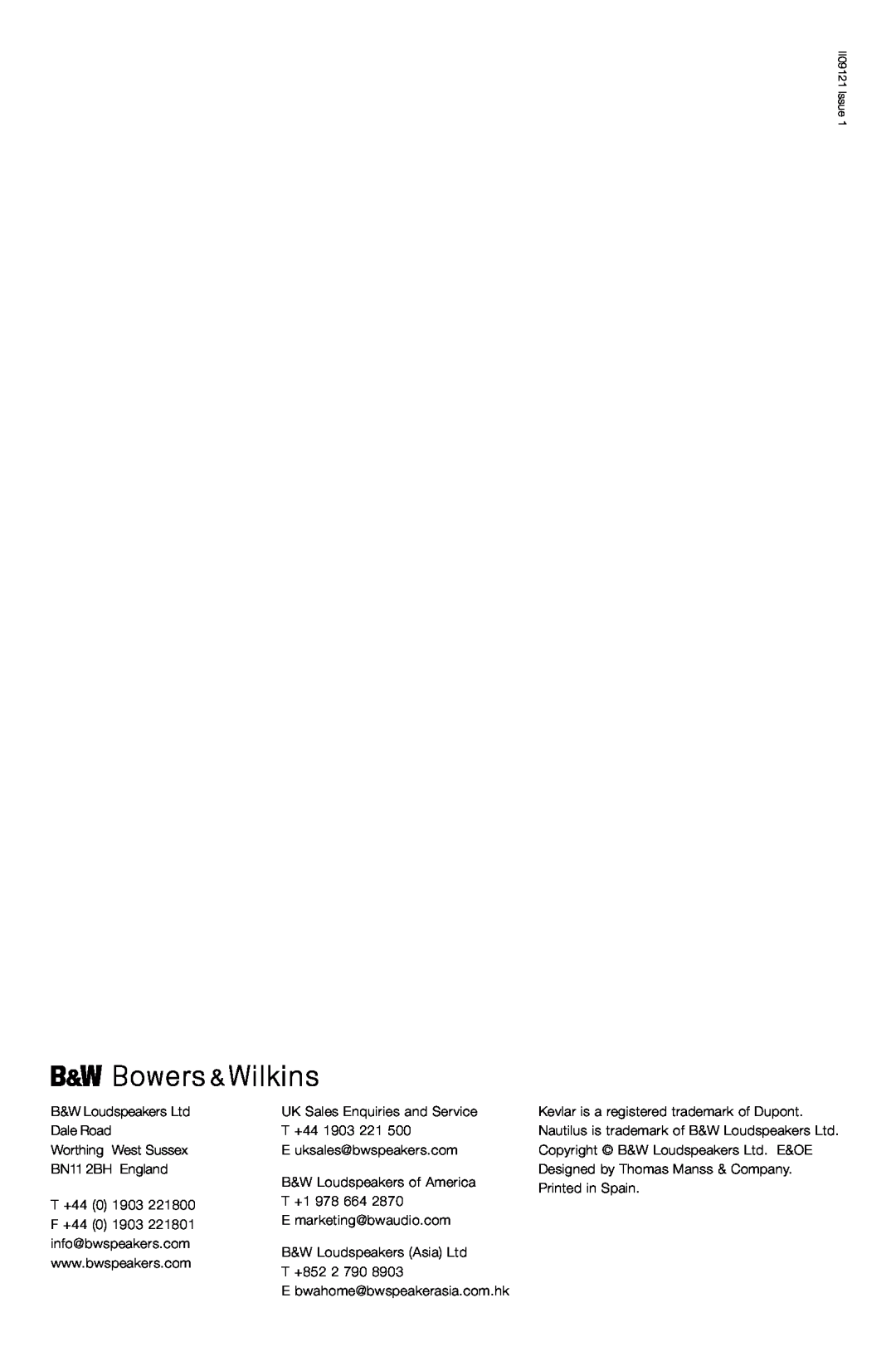 Bowers & Wilkins ASW600 owner manual B&W Loudspeakers Ltd Dale Road 