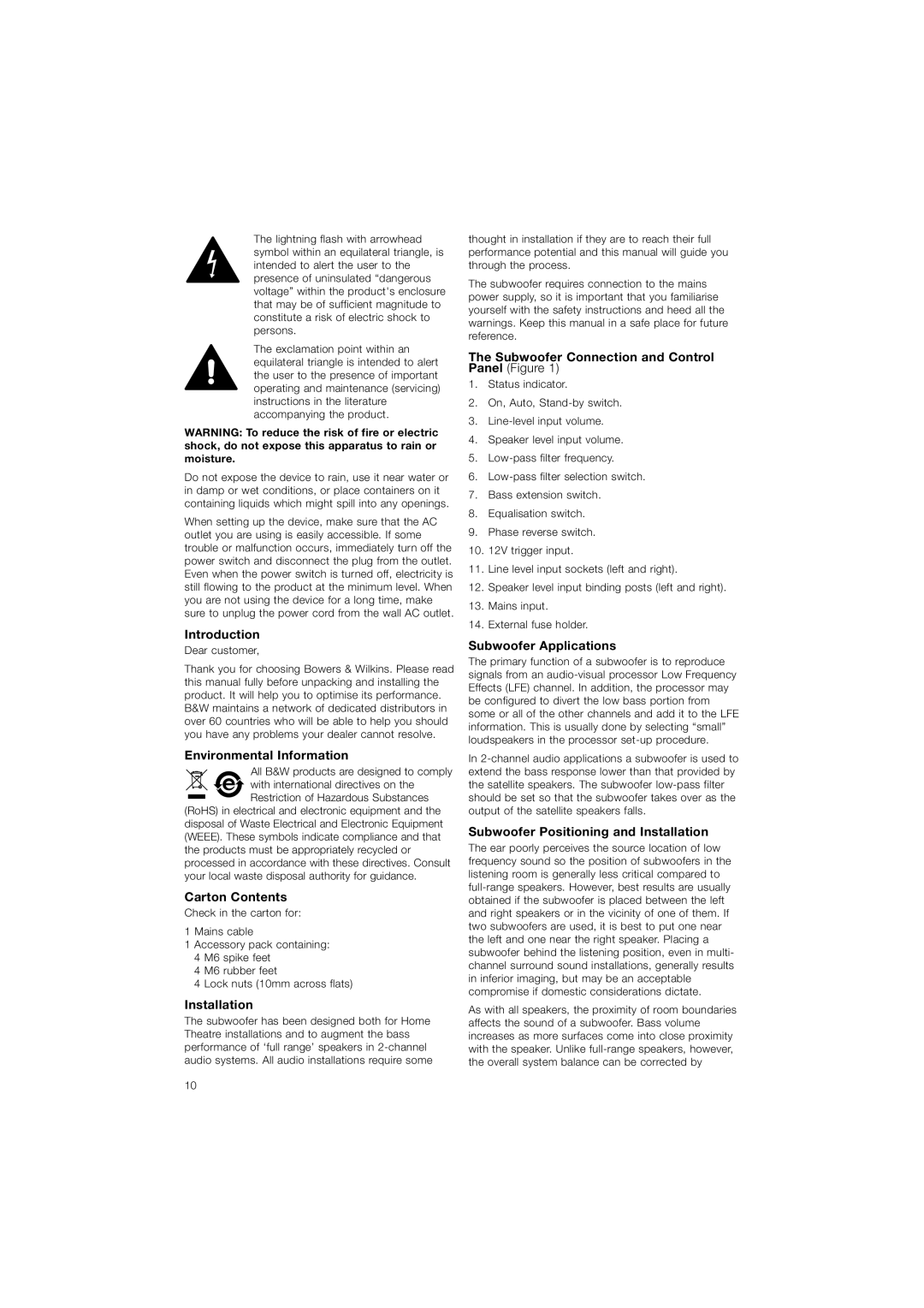 Bowers & Wilkins ASW608 Introduction, Environmental Information, Carton Contents, Installation, Subwoofer Applications 