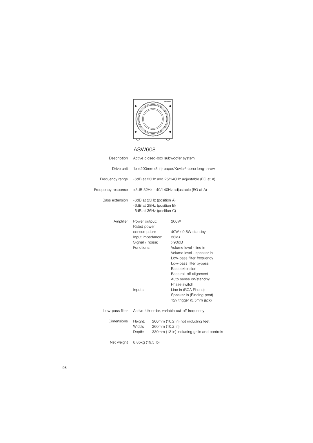 Bowers & Wilkins ASW610XP owner manual ASW608, Frequency response 