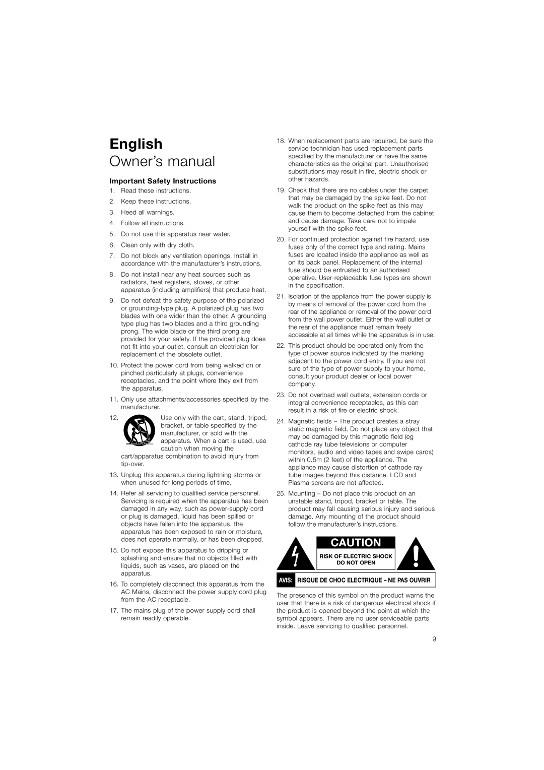Bowers & Wilkins ASW608, ASW610XP owner manual English, Owner’s manual, Important Safety Instructions 