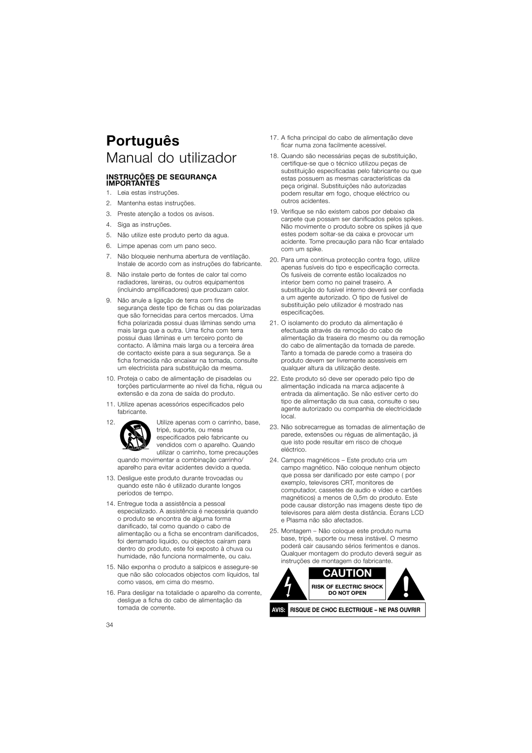 Bowers & Wilkins ASW608, ASW610XP owner manual Português, Manual do utilizador, Instruções De Segurança Importantes 