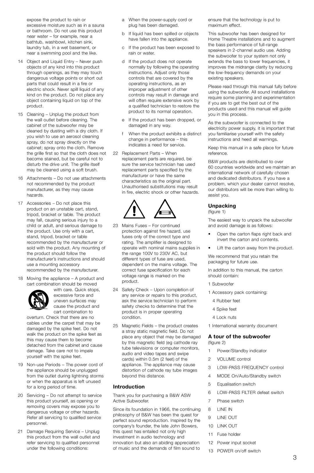 Bowers & Wilkins ASW675 owner manual Introduction, Unpacking, Tour of the subwoofer 