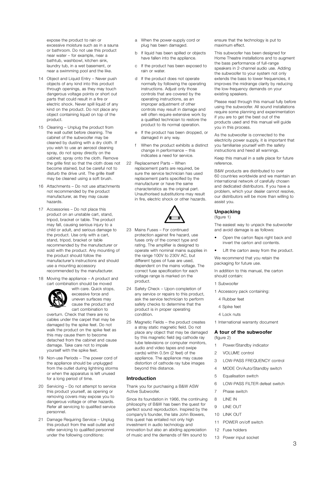 Bowers & Wilkins ASW825, ASW855 owner manual Introduction, Unpacking, Tour of the subwoofer 