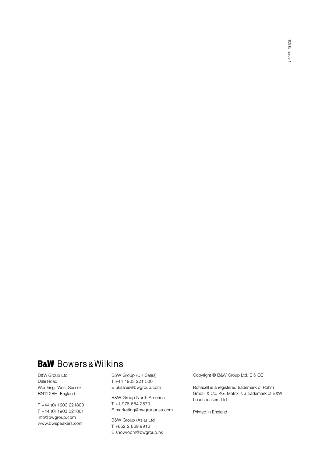 Bowers & Wilkins ASW825, ASW855 owner manual Group UK Sales 