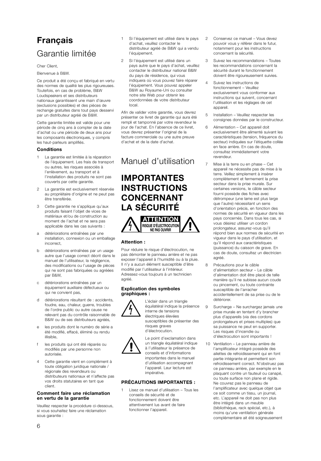 Bowers & Wilkins ASW855 Français, Garantie limitée, Manuel d’utilisation, Importantes Instructions Concernant LA Sécurité 