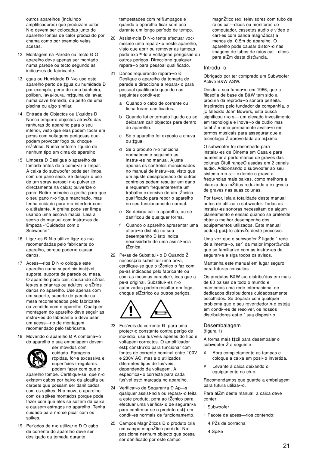 Bowers & Wilkins ASW850, ASW800 owner manual Introdução, Desembalagem 