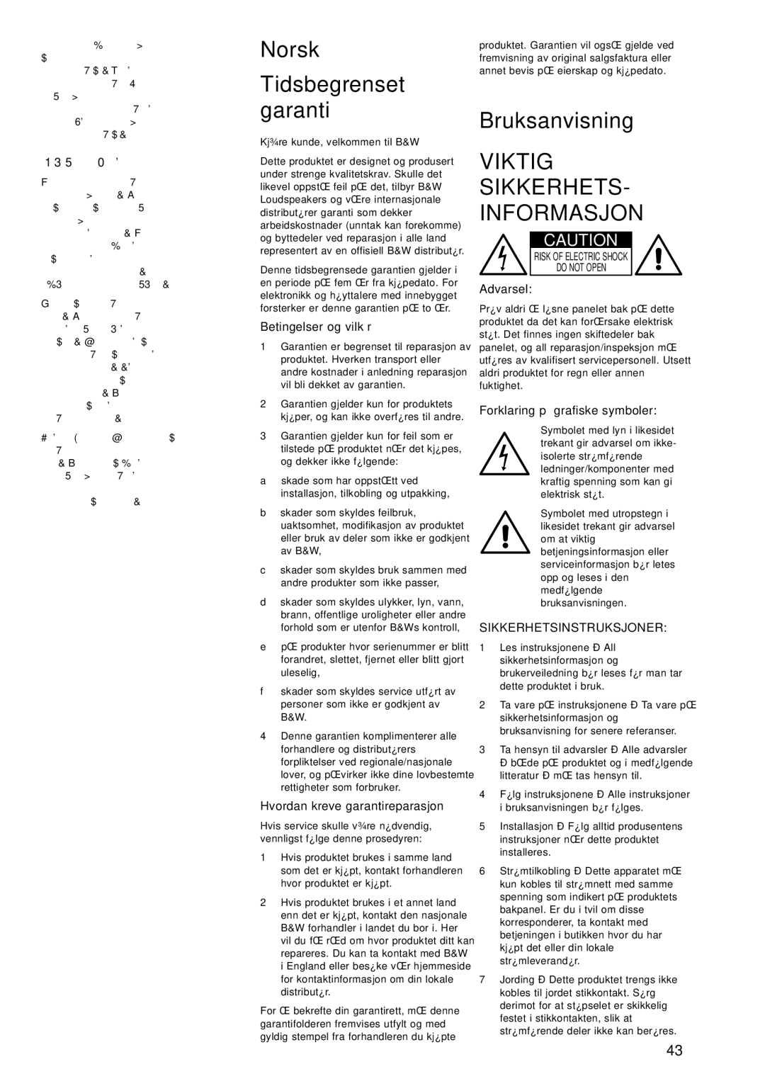 Bowers & Wilkins ASW850, ASW800 owner manual Norsk, Tidsbegrenset garanti, Bruksanvisning, Viktig SIKKERHETS- Informasjon 