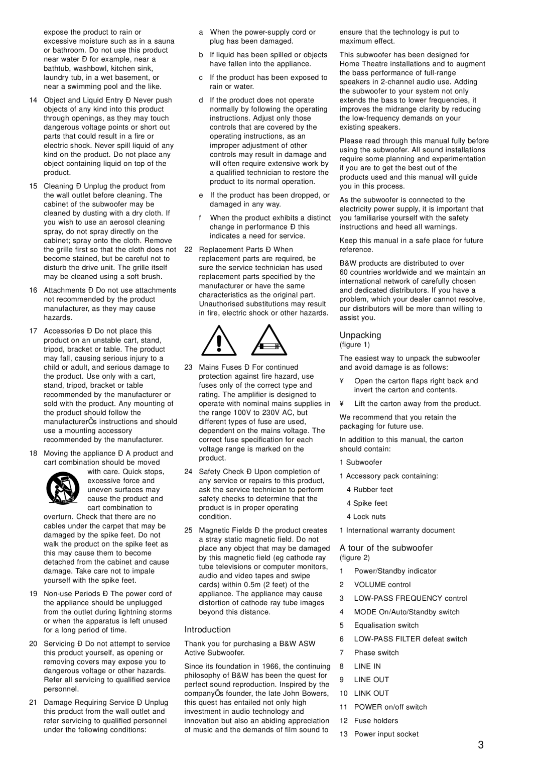 Bowers & Wilkins ASW850, ASW800 owner manual Introduction, Unpacking, Tour of the subwoofer 