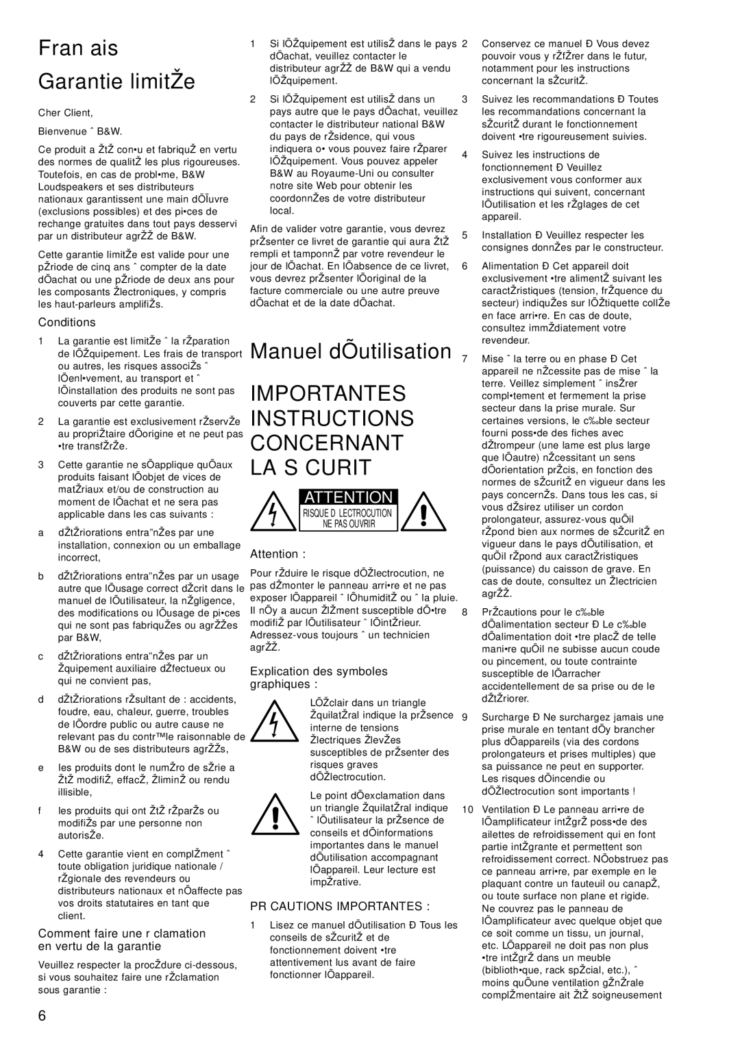 Bowers & Wilkins ASW800 Français, Garantie limitée, Manuel d’utilisation, Importantes Instructions Concernant LA Sécurité 