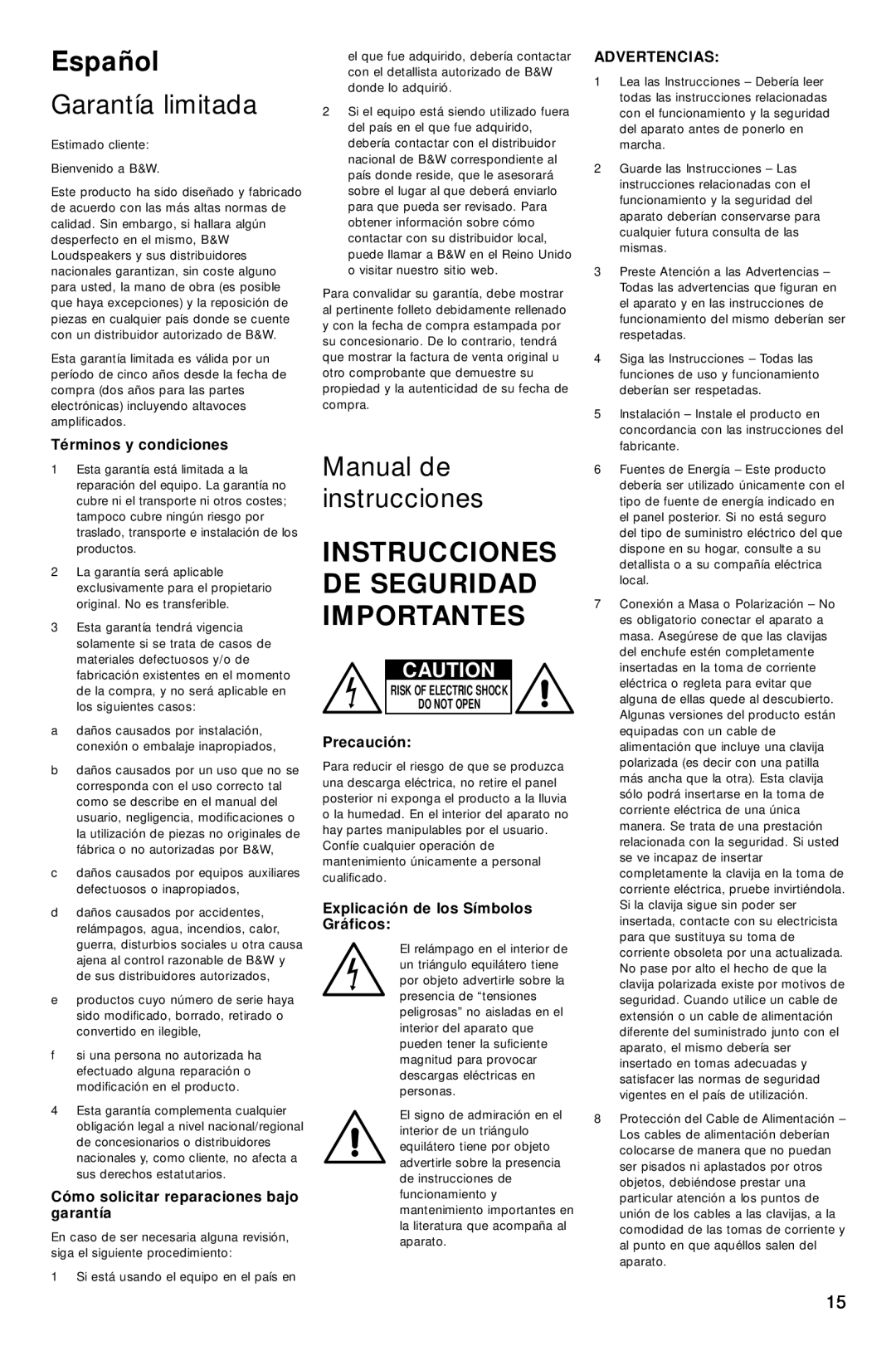 Bowers & Wilkins ASW850 Español, Garantía limitada, Manual de instrucciones, Instrucciones De Seguridad Importantes 