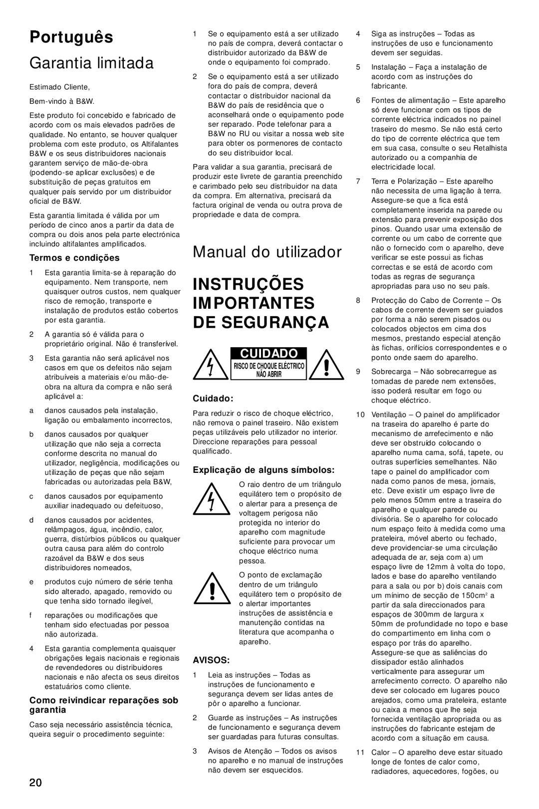 Bowers & Wilkins ASW800 Português, Garantia limitada, Manual do utilizador, Instruções Importantes De Segurança, Cuidado 