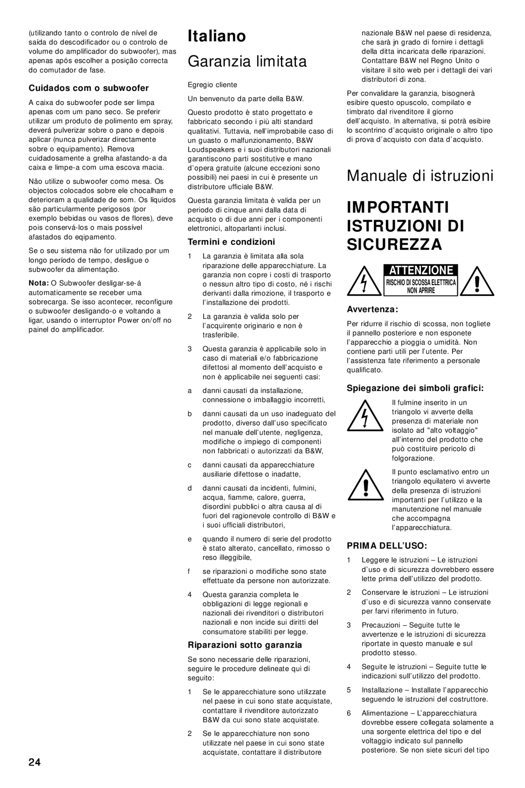Bowers & Wilkins ASW800 Italiano, Garanzia limitata, Manuale di istruzioni, Importanti Istruzioni Di Sicurezza, Attenzione 