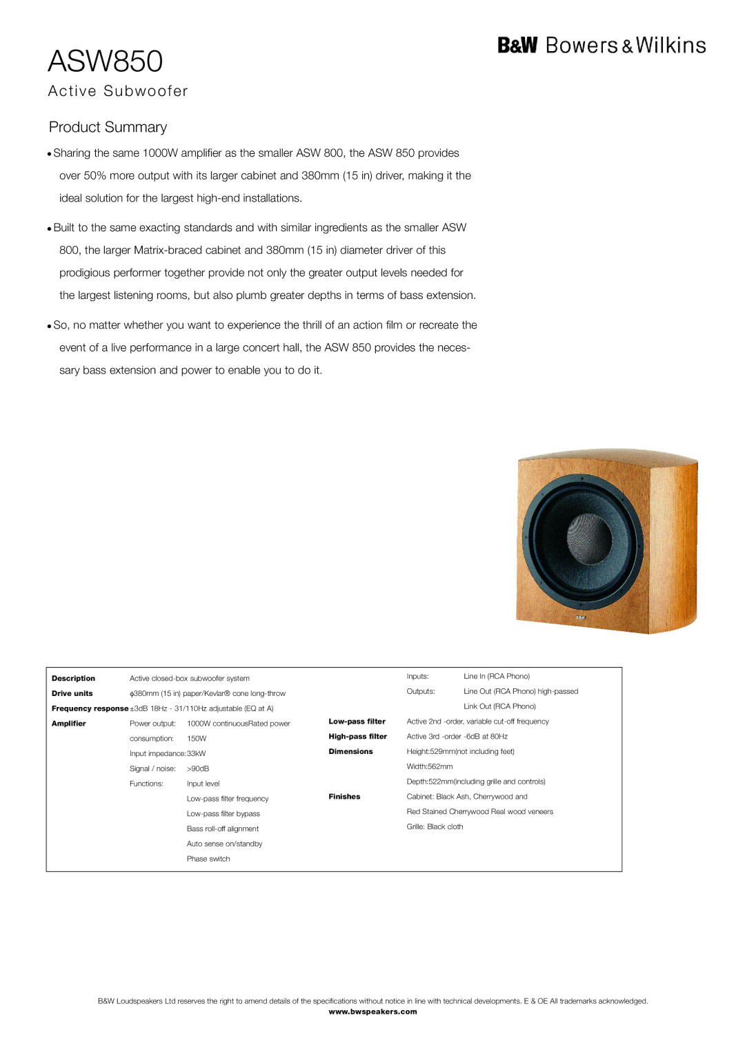 Bowers & Wilkins ASW850 dimensions T i v e S u b w o o f e r Product Summary 