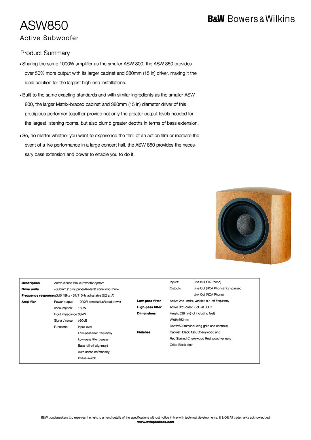 Bowers & Wilkins owner manual ASW800 ASW850 Owner’s Manual and Warranty 