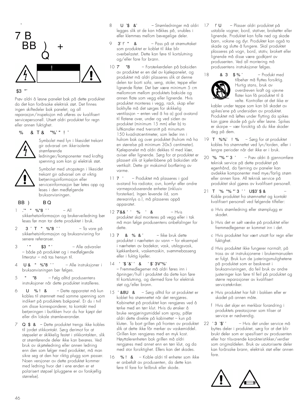 Bowers & Wilkins ASWCM owner manual Norsk, Forklaring på grafiske symboler, Sikkerhetsinstruksjoner 