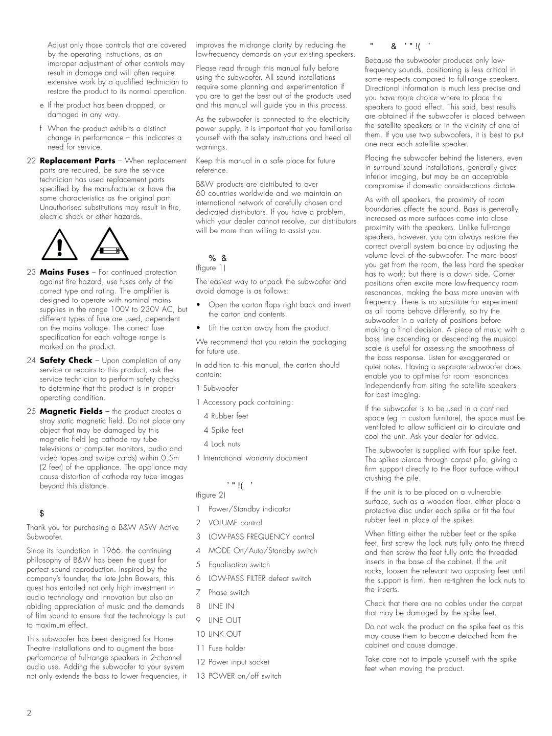 Bowers & Wilkins ASWCM owner manual Introduction, Unpacking, Tour of the subwoofer, Positioning the subwoofer 