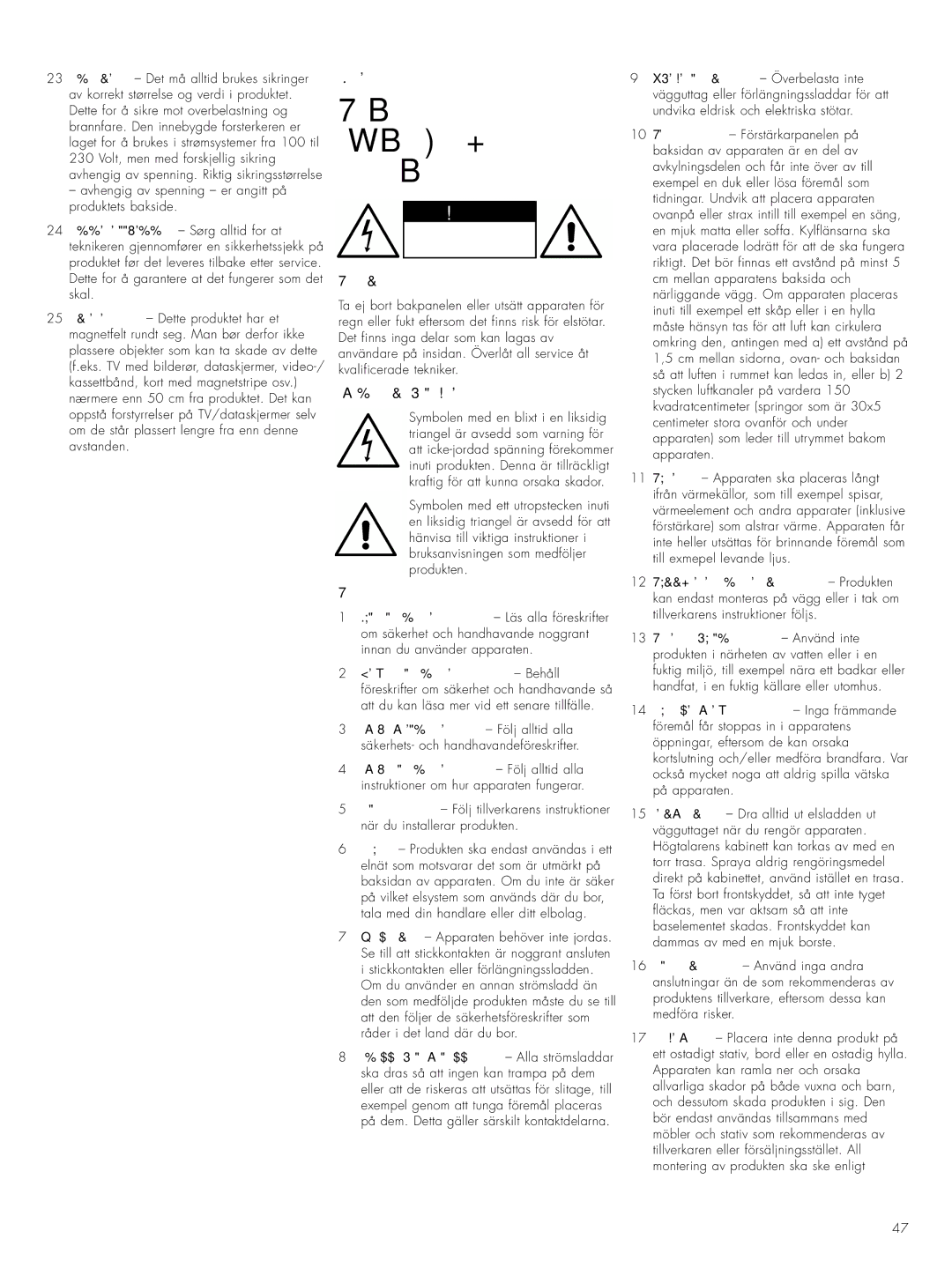 Bowers & Wilkins ASWCM owner manual Viktiga SÄKERHETS- Instruktioner, Svenska, Förklaring av symboler, Varningar 