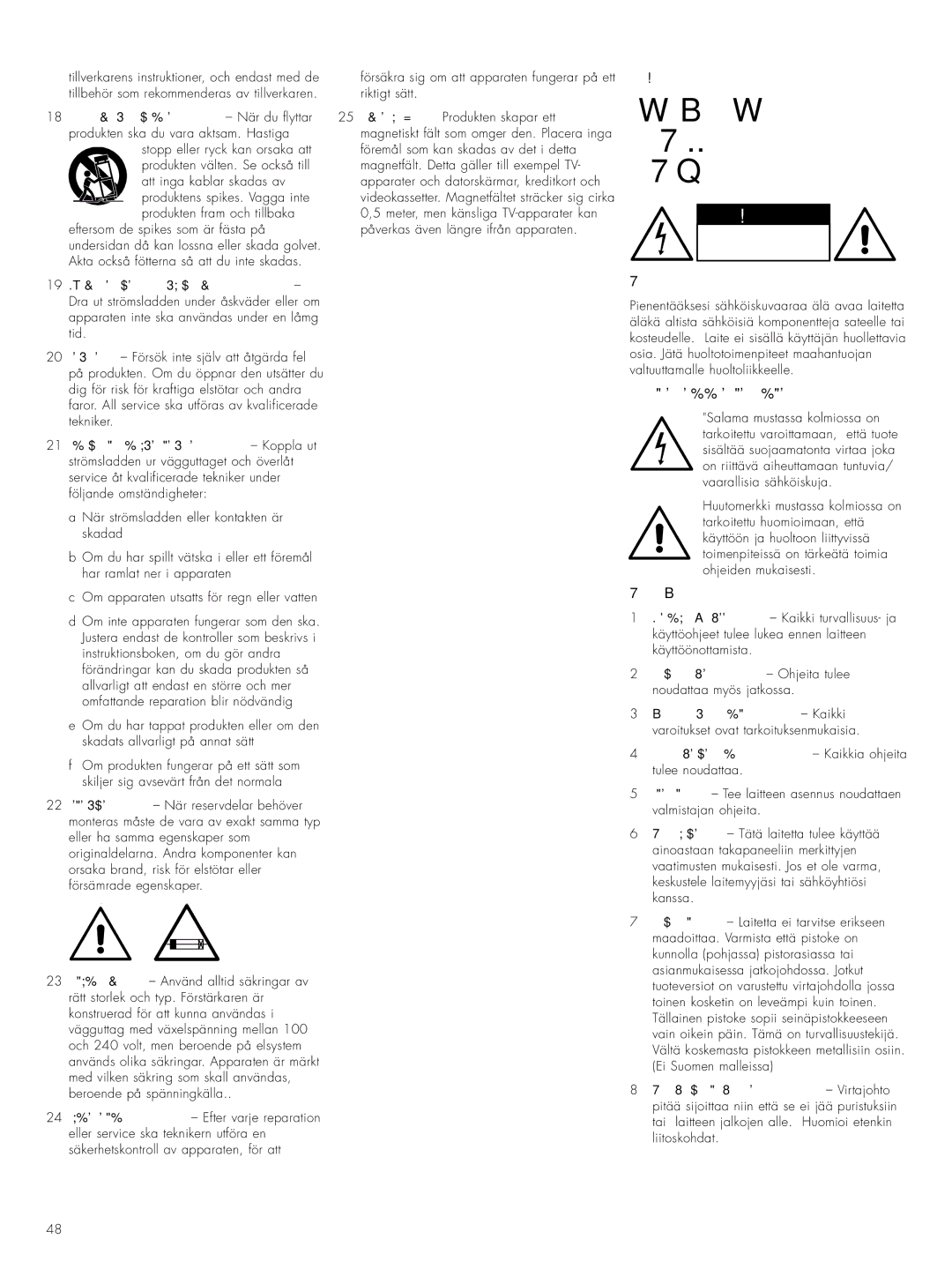 Bowers & Wilkins ASWCM owner manual Tärkeitä Turvallisuusn Euvoja, Suomi, Graafisten merkkien selitykset, Varoituksia 