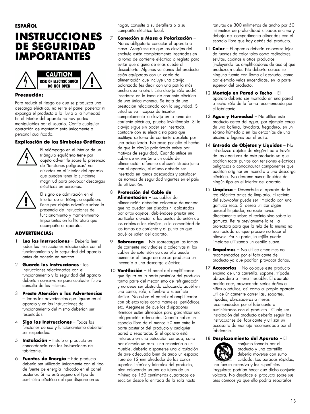 Bowers & Wilkins ASWCM Instrucciones De Seguridad Importantes, Español, Precaución, Explicación de los Símbolos Gráficos 
