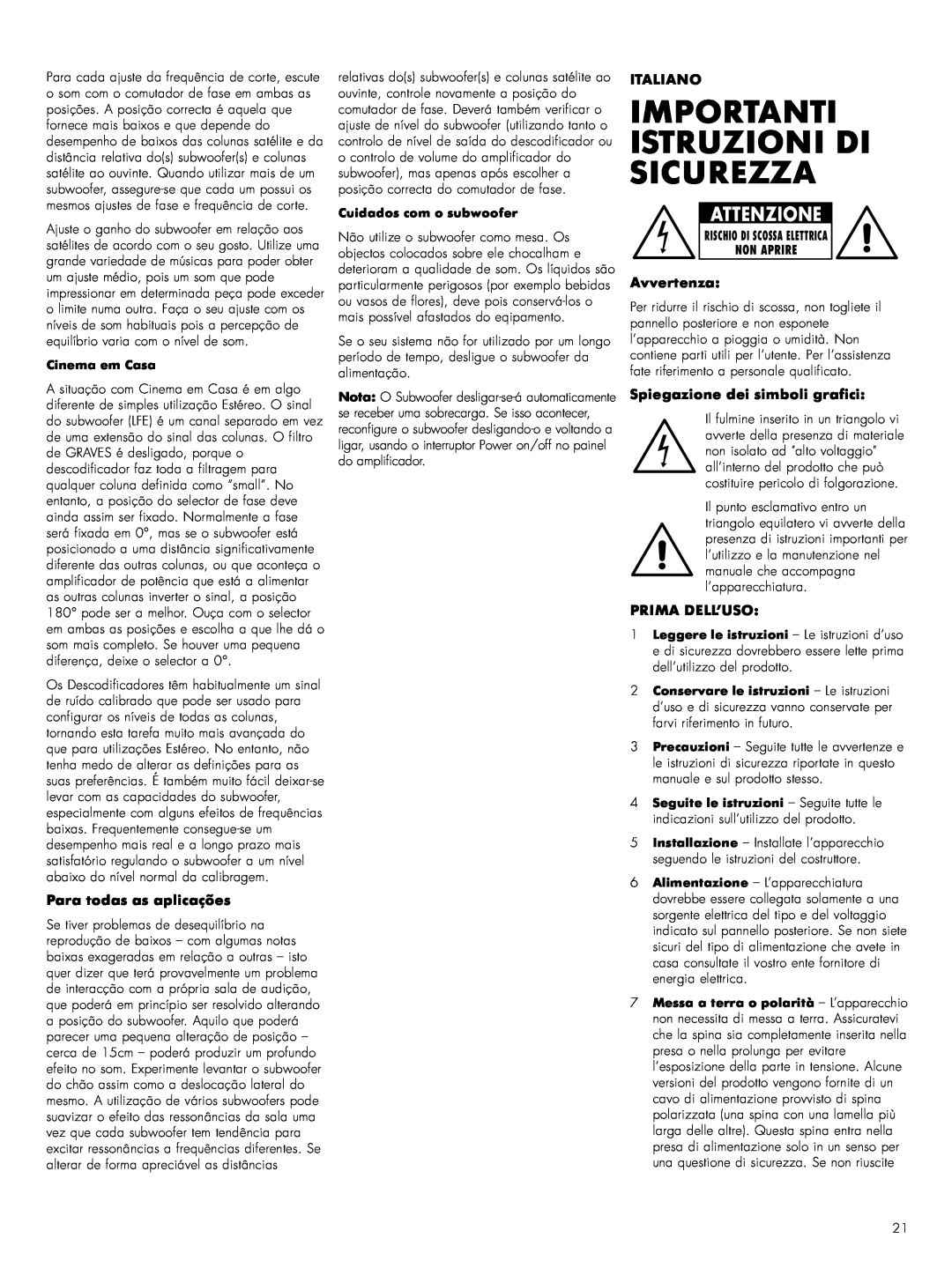 Bowers & Wilkins ASWCM Importanti Istruzioni Di Sicurezza, Attenzione, Para todas as aplicações, Italiano, Avvertenza 