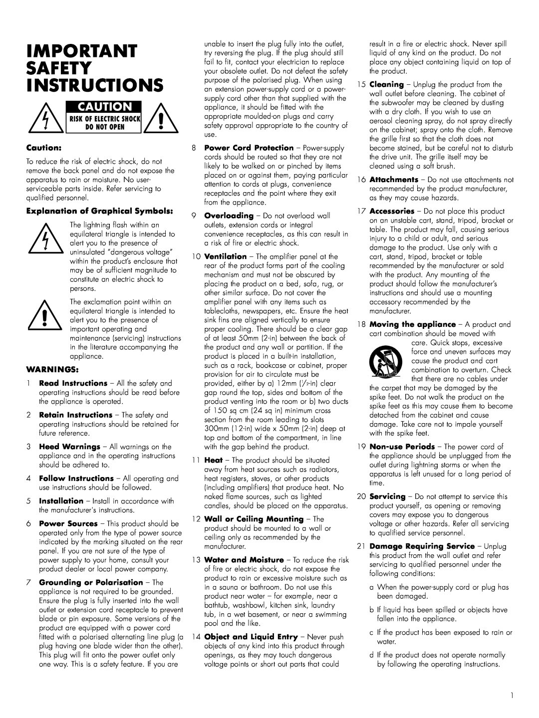 Bowers & Wilkins ASWCM owner manual Important Safety Instructions, Explanation of Graphical Symbols, Warnings 