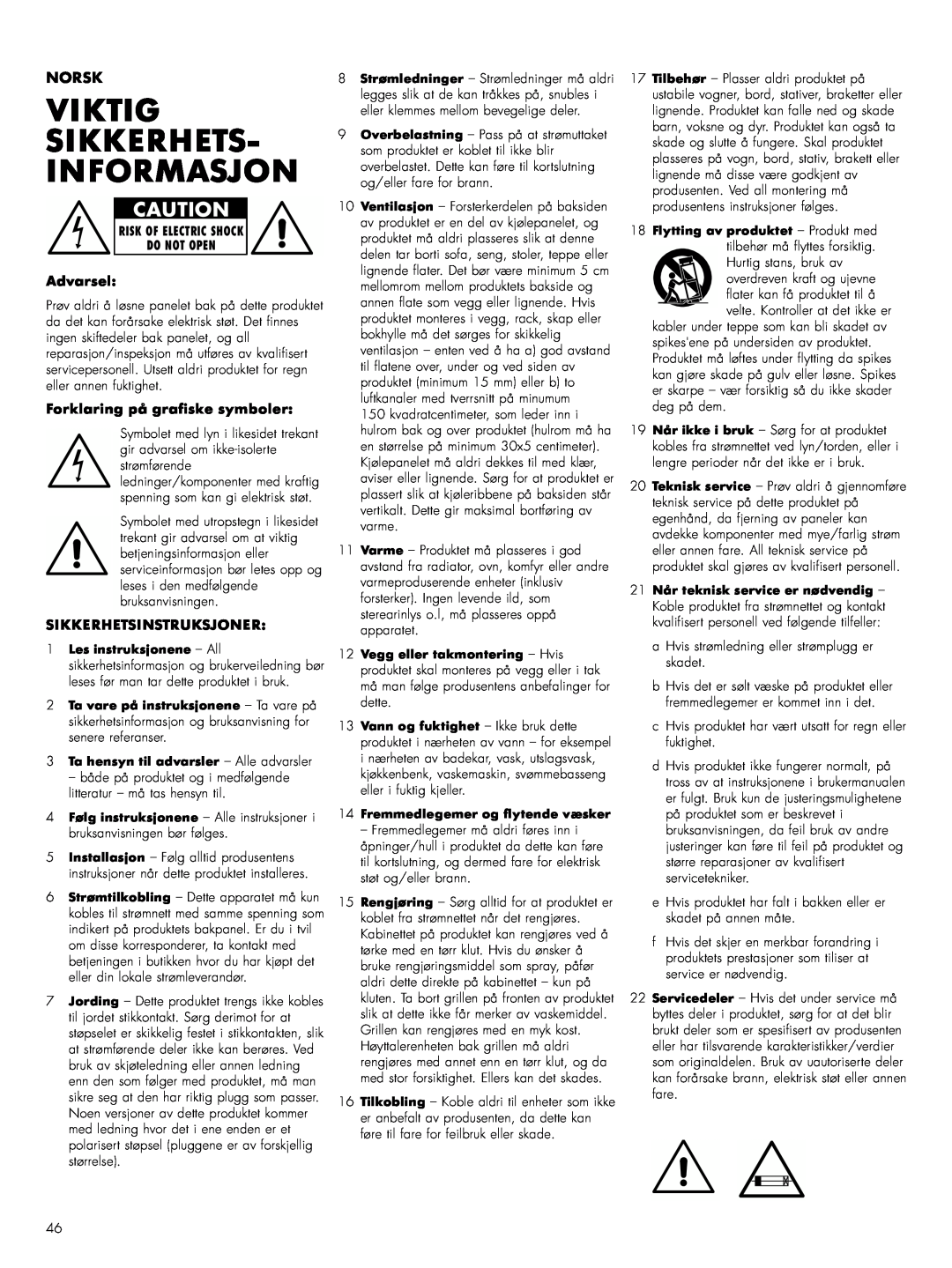 Bowers & Wilkins ASWCM owner manual Viktig Sikkerhets- Informasjon, Norsk, Advarsel, Forklaring på grafiske symboler 