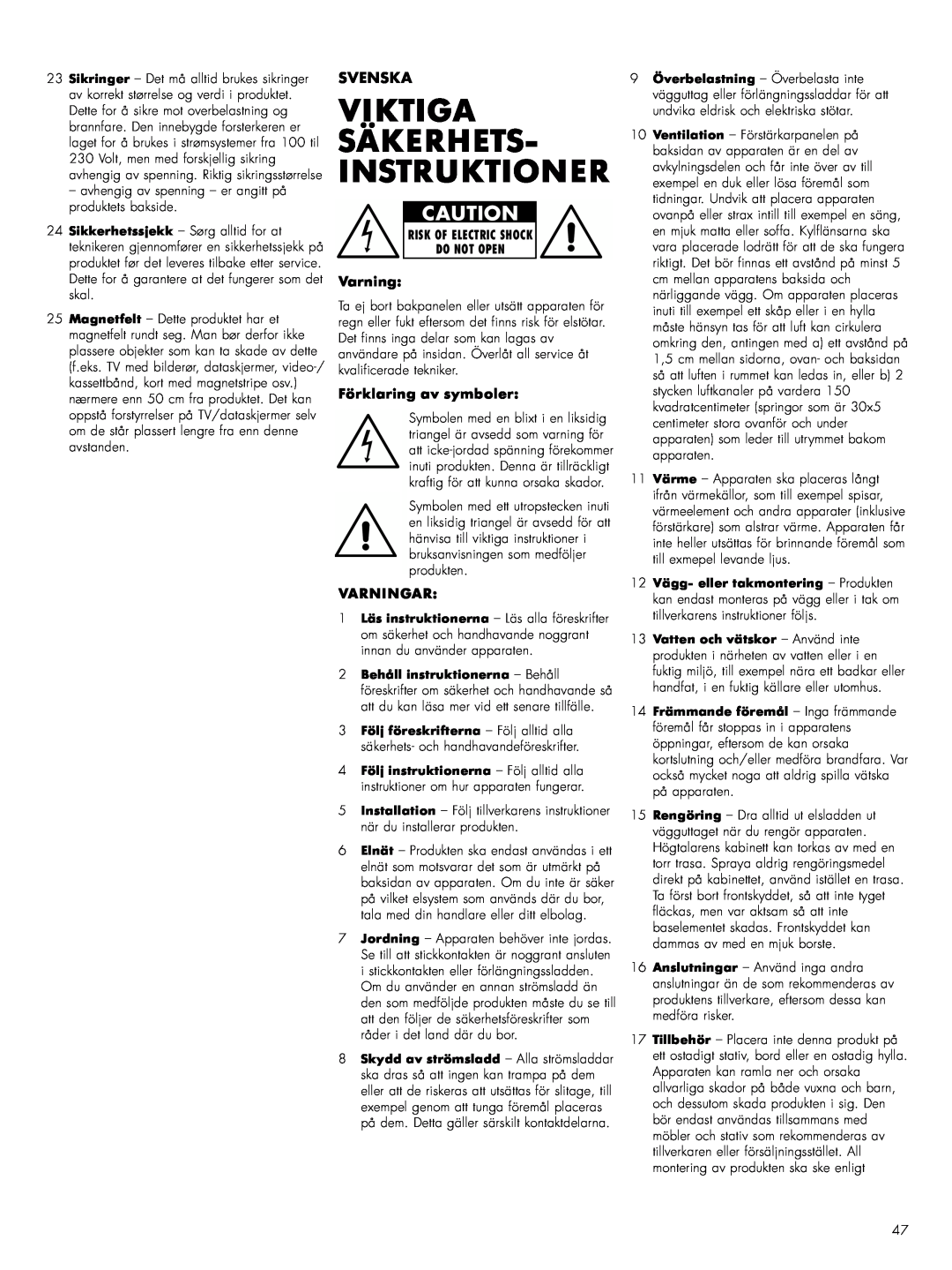 Bowers & Wilkins ASWCM owner manual Viktiga Säkerhets- Instruktioner, Svenska, Förklaring av symboler, Varningar 