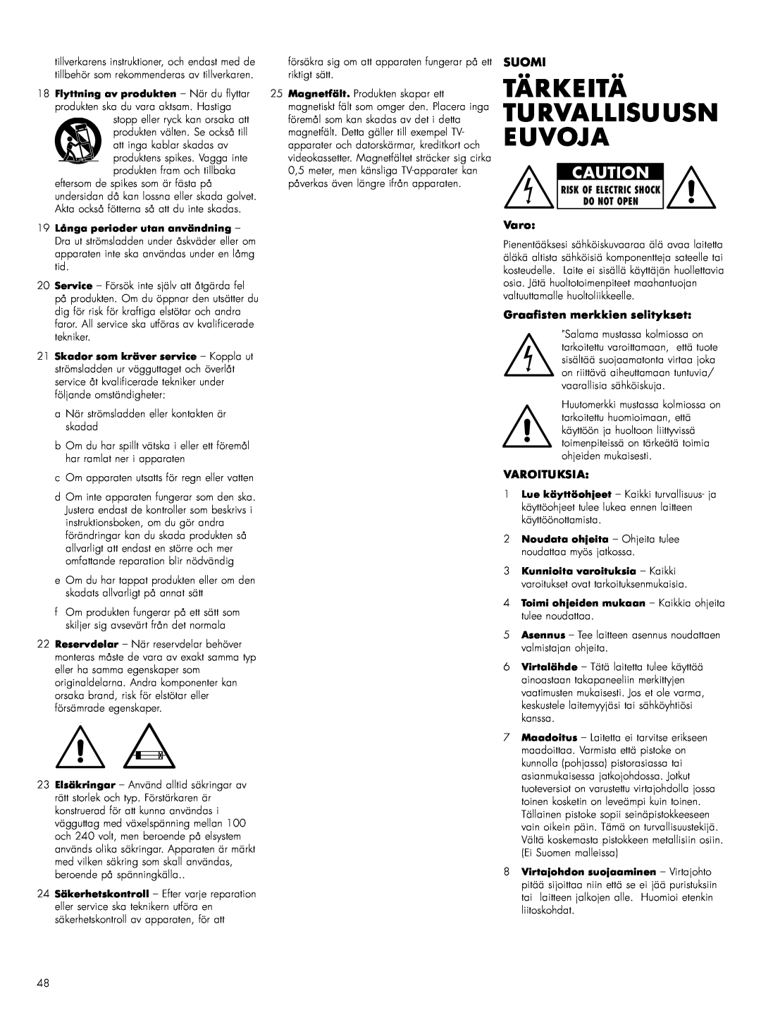 Bowers & Wilkins ASWCM owner manual Tärkeitä Turvallisuusn Euvoja, Suomi, Graafisten merkkien selitykset, Varoituksia 