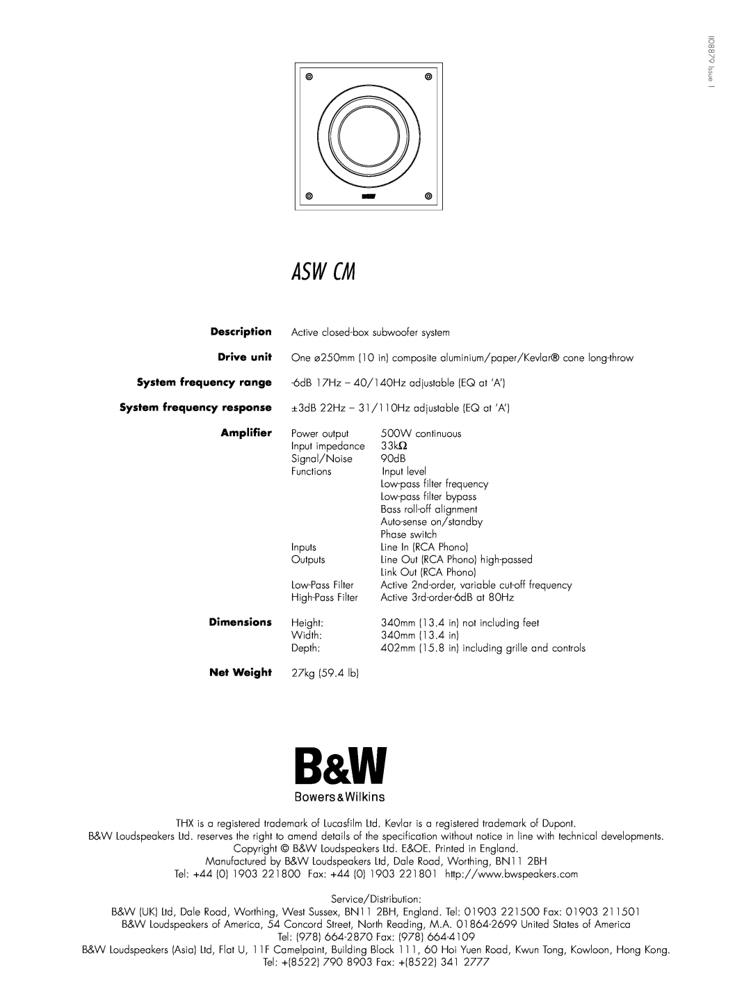 Bowers & Wilkins ASWCM owner manual Asw Cm, Description Drive unit System frequency range, Net Weight 