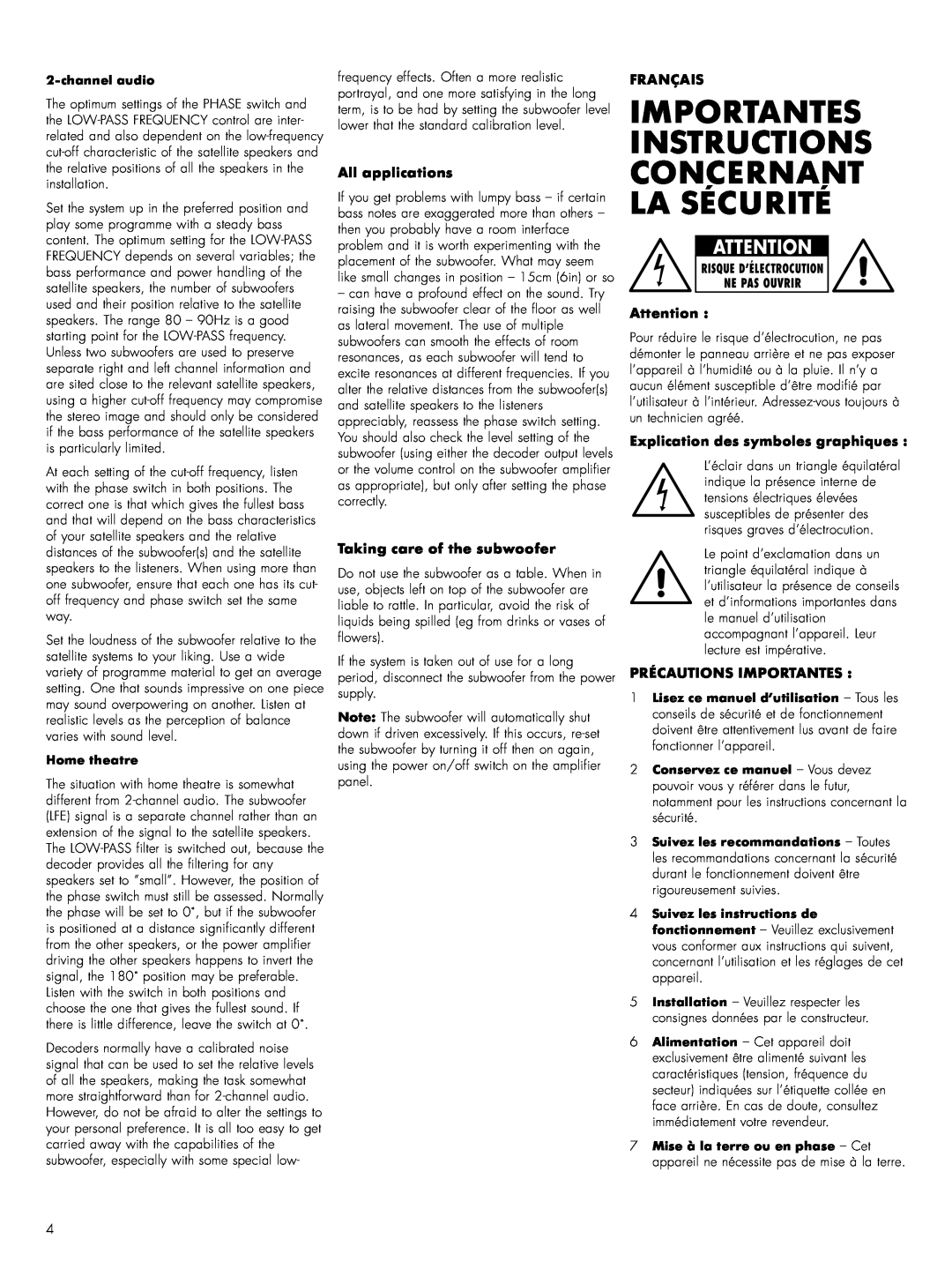 Bowers & Wilkins ASWCM Importantes Instructions Concernant La Sécurité, All applications, Taking care of the subwoofer 