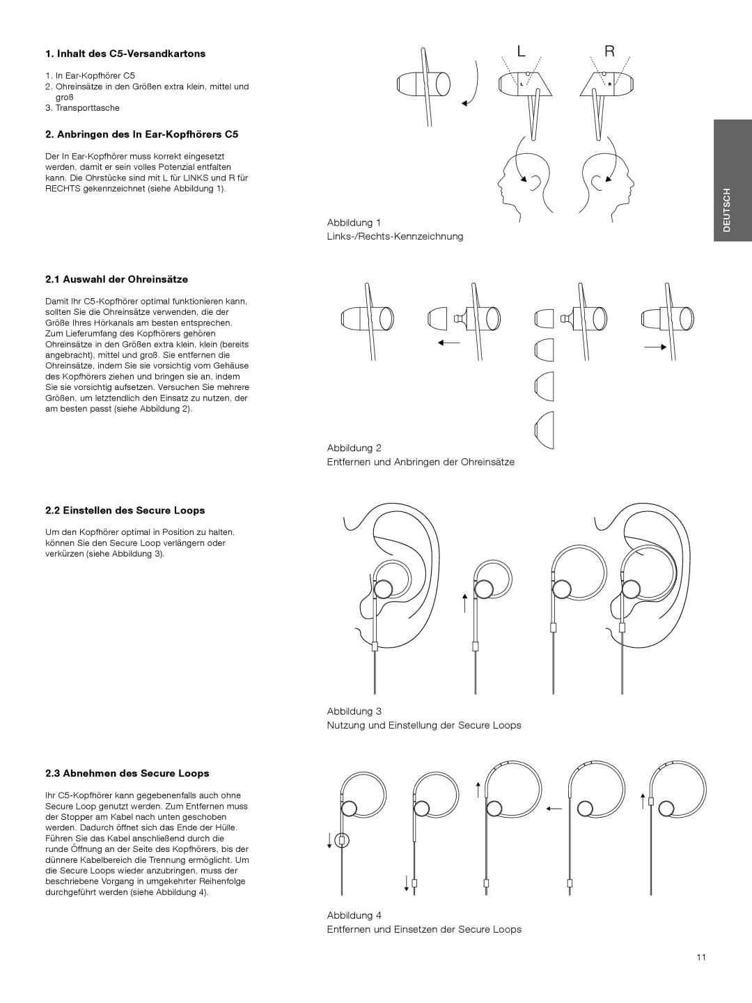 Bowers & Wilkins manual Inhalt des C5-Versandkartons, Anbringen des In Ear-Kopfhörers C5, Auswahl der Ohreinsätze 