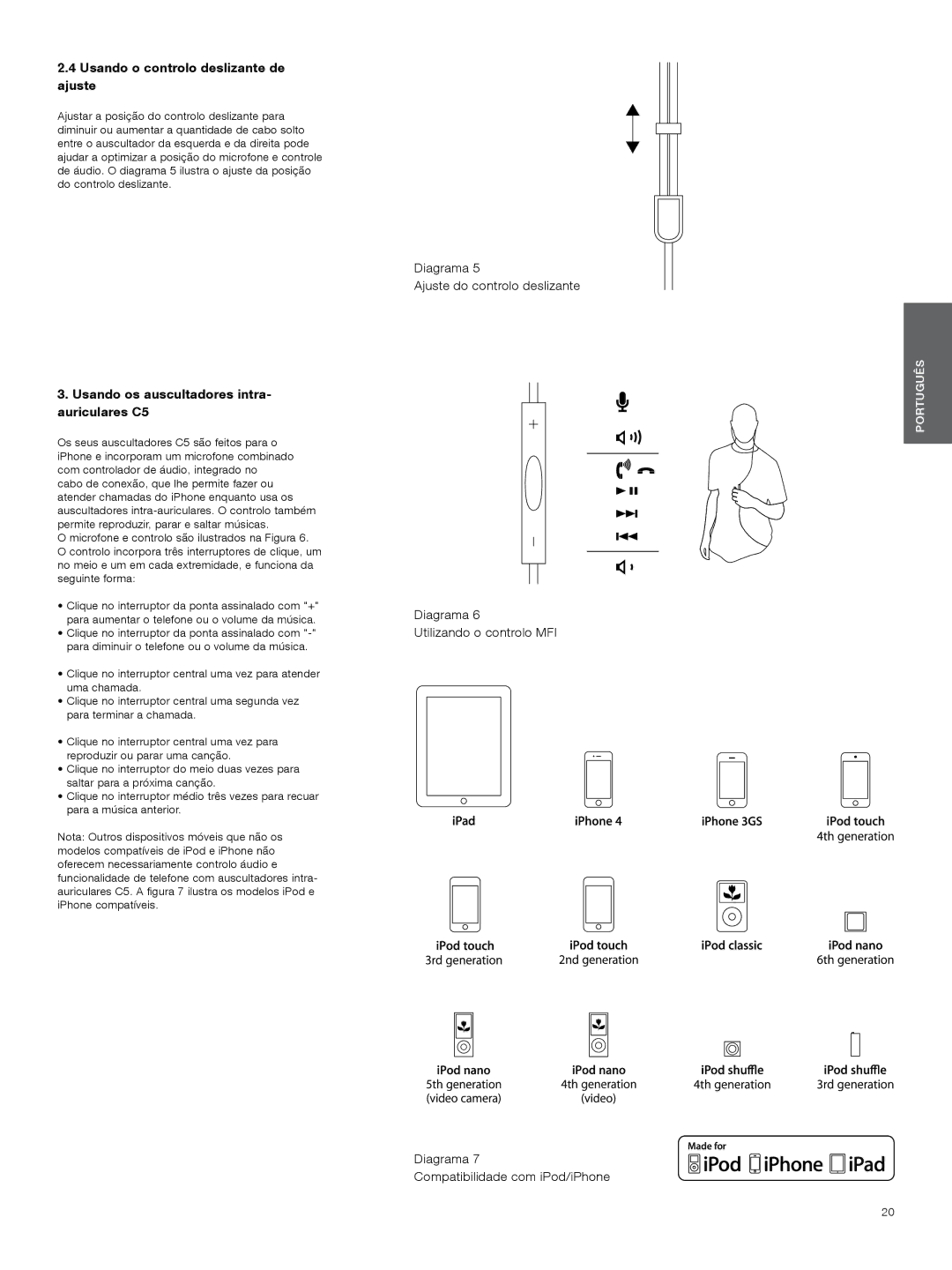 Bowers & Wilkins manual Usando o controlo deslizante de ajuste, Usando os auscultadores intra- auriculares C5 