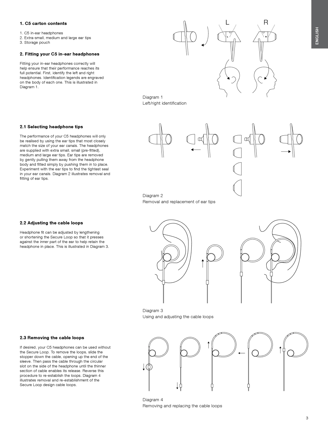 Bowers & Wilkins manual C5 carton contents, Fitting your C5 in-ear headphones, Selecting headphone tips 