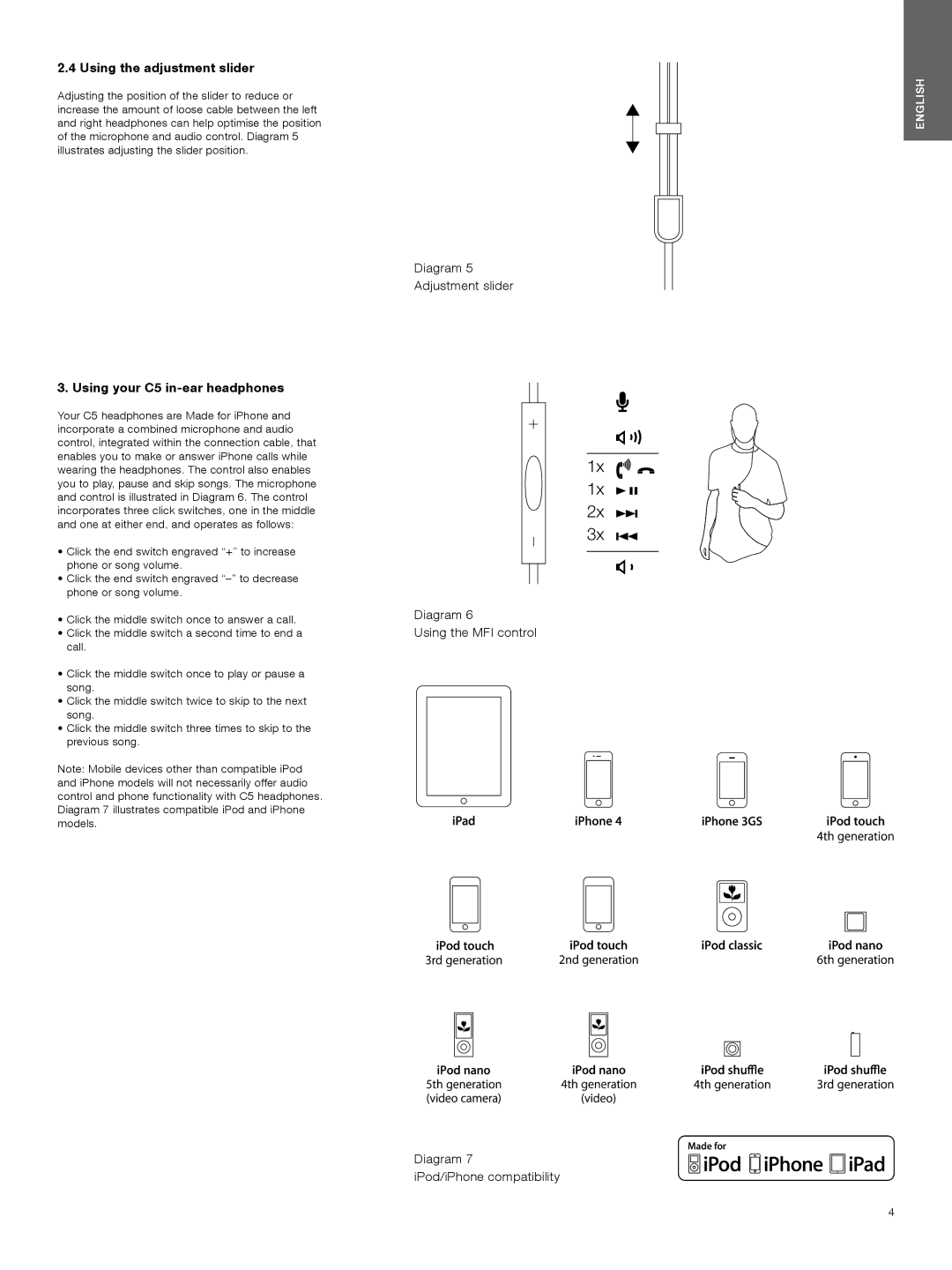 Bowers & Wilkins manual Using the adjustment slider, Using your C5 in-ear headphones 