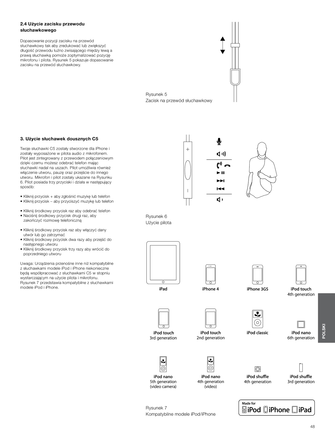 Bowers & Wilkins manual Użycie zacisku przewodu słuchawkowego, Użycie słuchawek dousznych C5 