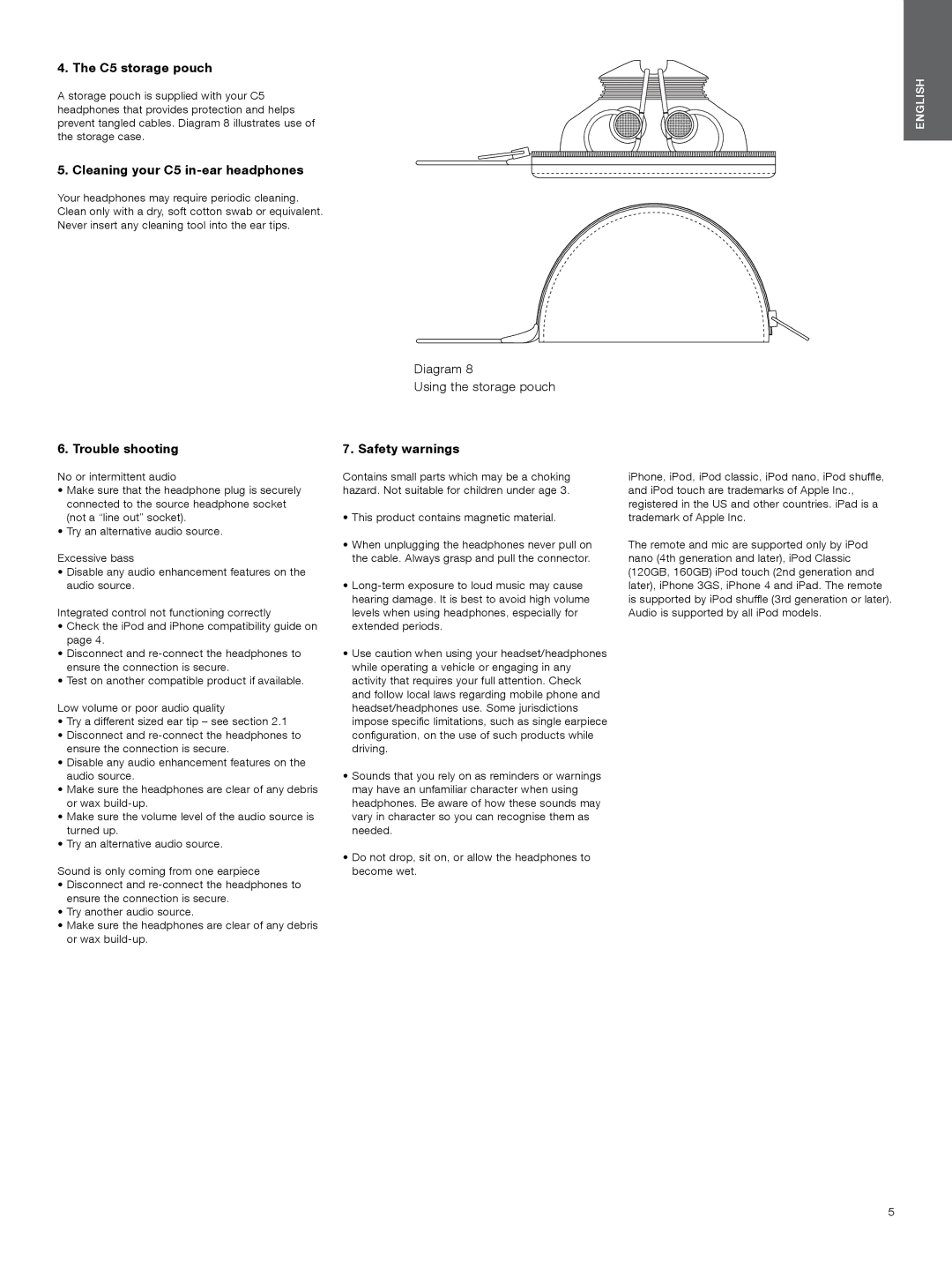 Bowers & Wilkins manual C5 storage pouch, Cleaning your C5 in-ear headphones, Trouble shooting, Safety warnings 