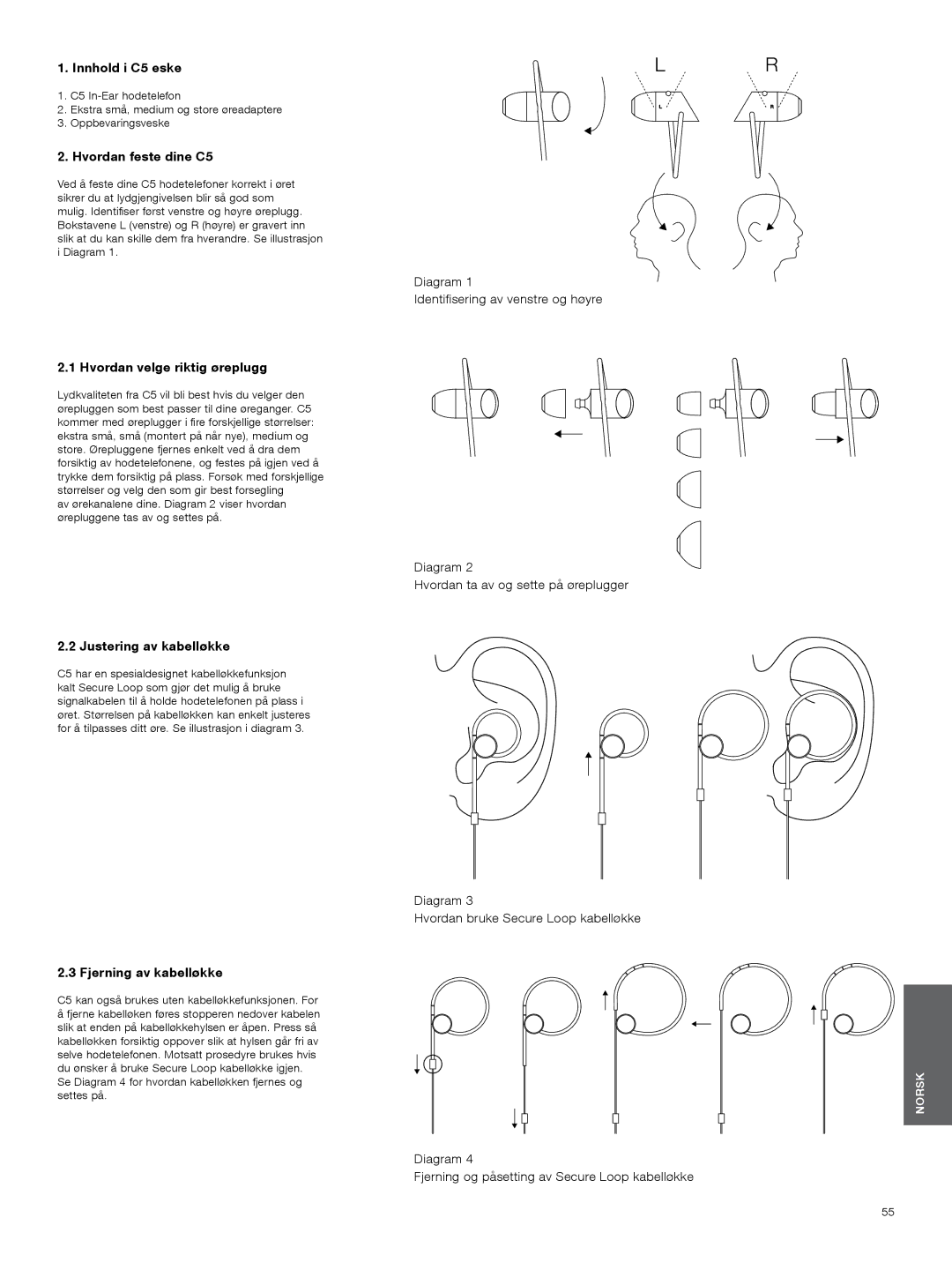 Bowers & Wilkins manual Innhold i C5 eske, Hvordan feste dine C5, Hvordan velge riktig øreplugg, Justering av kabelløkke 