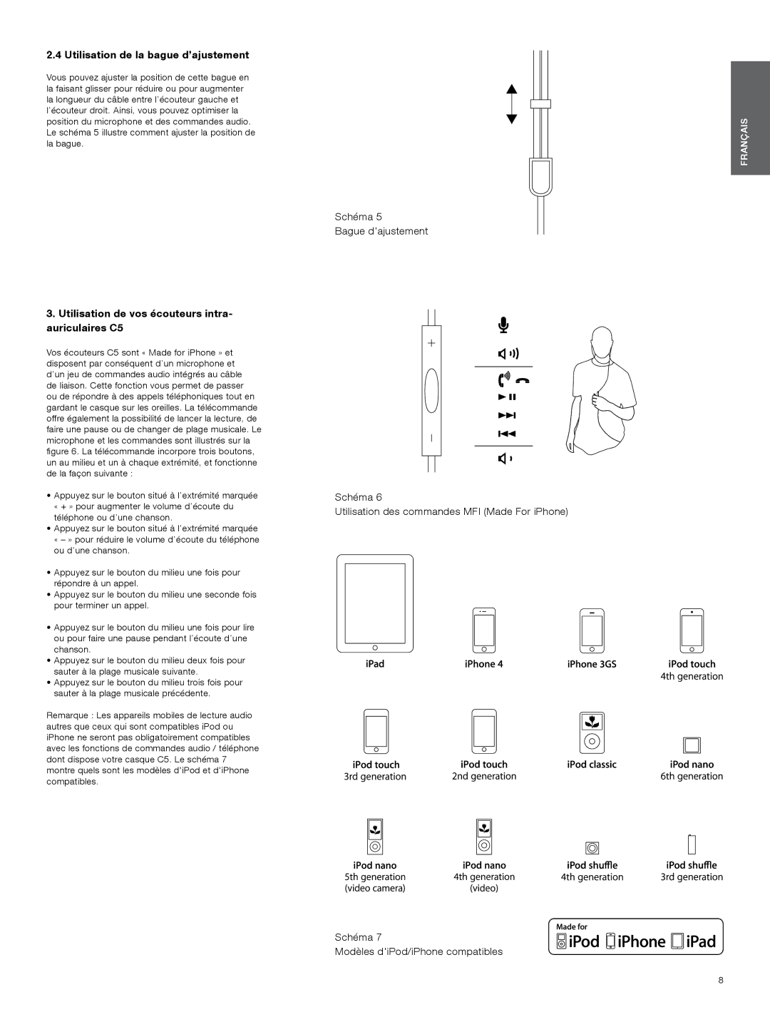 Bowers & Wilkins manual Utilisation de la bague d’ajustement, Utilisation de vos écouteurs intra- auriculaires C5 