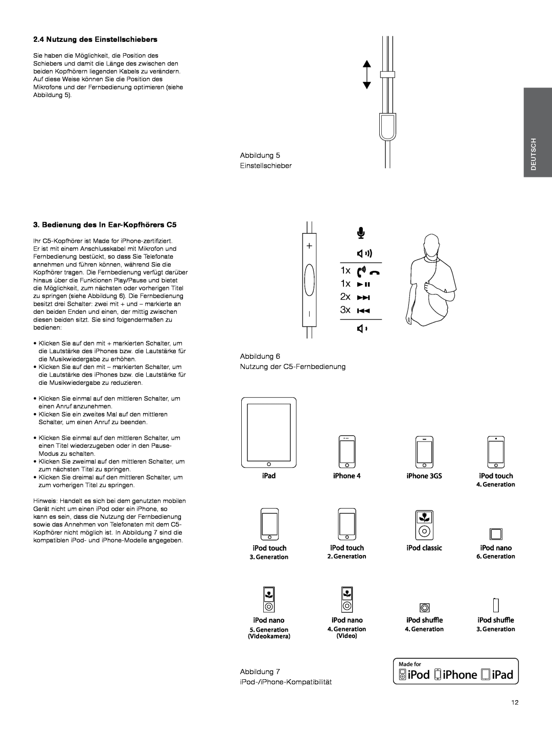 Bowers & Wilkins 1x, Nutzung des Einstellschiebers, Bedienung des In Ear-KopfhörersC5, Abbildung, Deutsch, Generation 