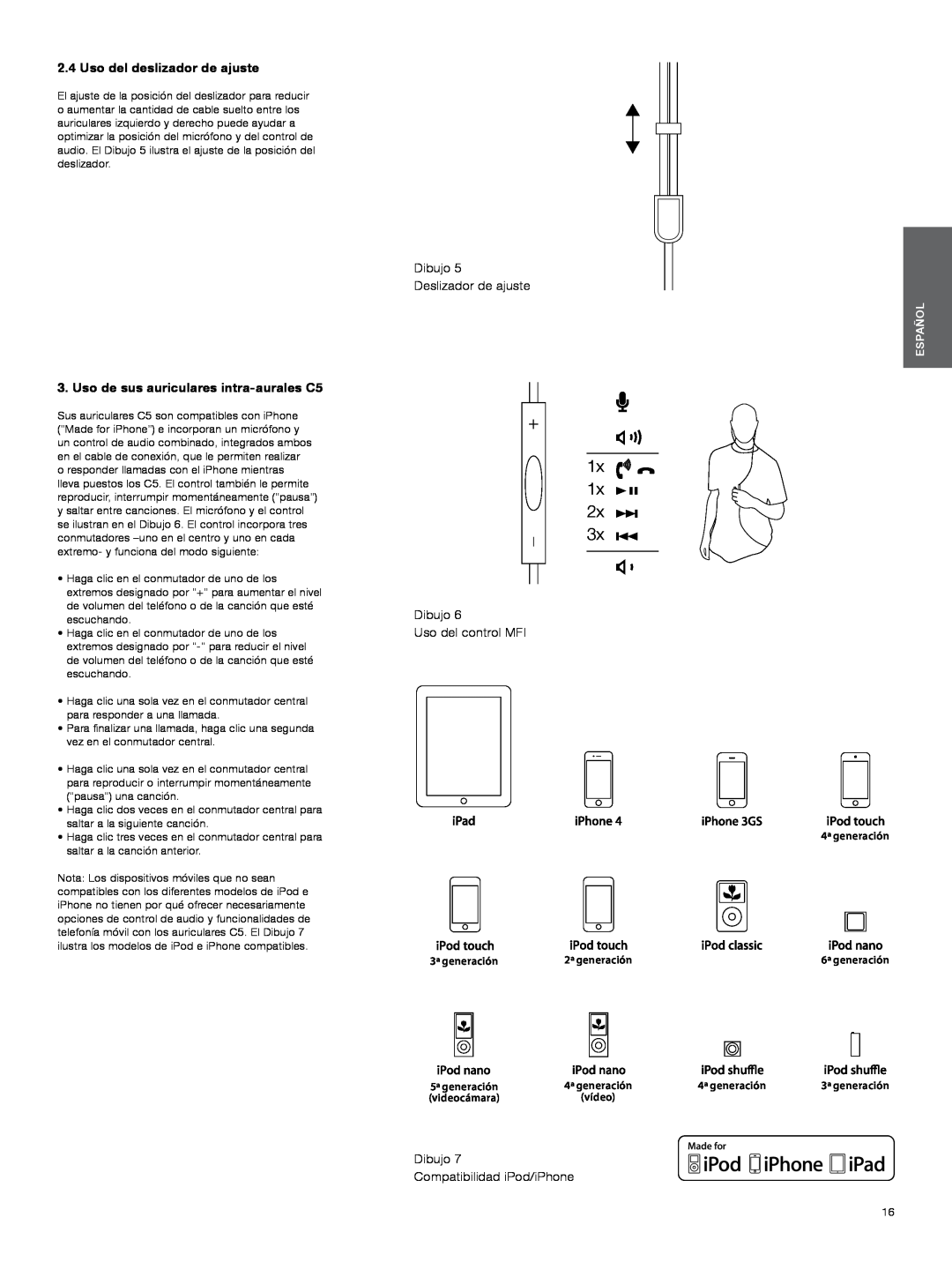 Bowers & Wilkins 1x, Uso del deslizador de ajuste, Uso de sus auriculares intra-auralesC5, Dibujo Deslizador de ajuste 