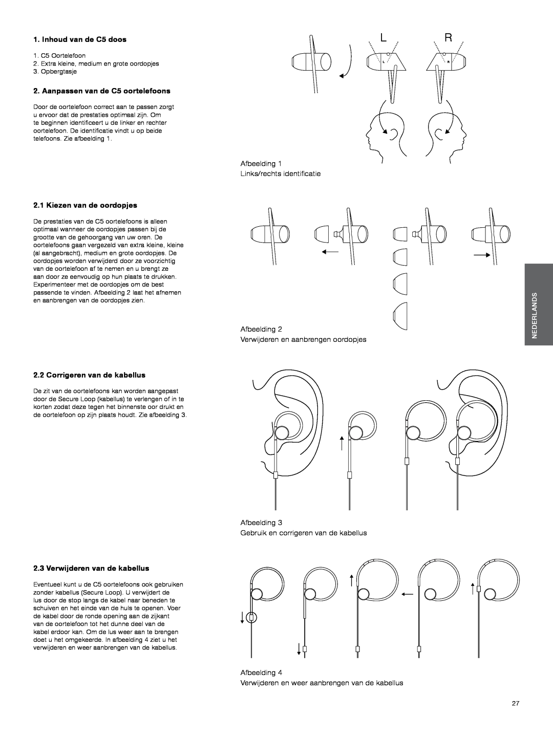 Bowers & Wilkins manual Inhoud van de C5 doos, Aanpassen van de C5 oortelefoons, Afbeelding Links/rechts identificatie 