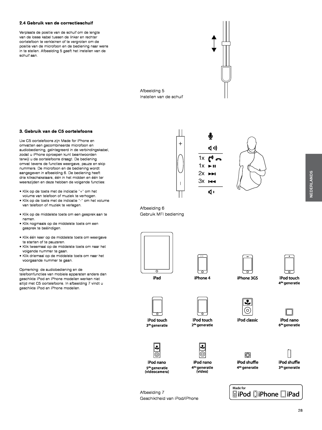 Bowers & Wilkins Gebruik van de correctieschuif, Gebruik van de C5 oortelefoons, Afbeelding Instellen van de schuif 