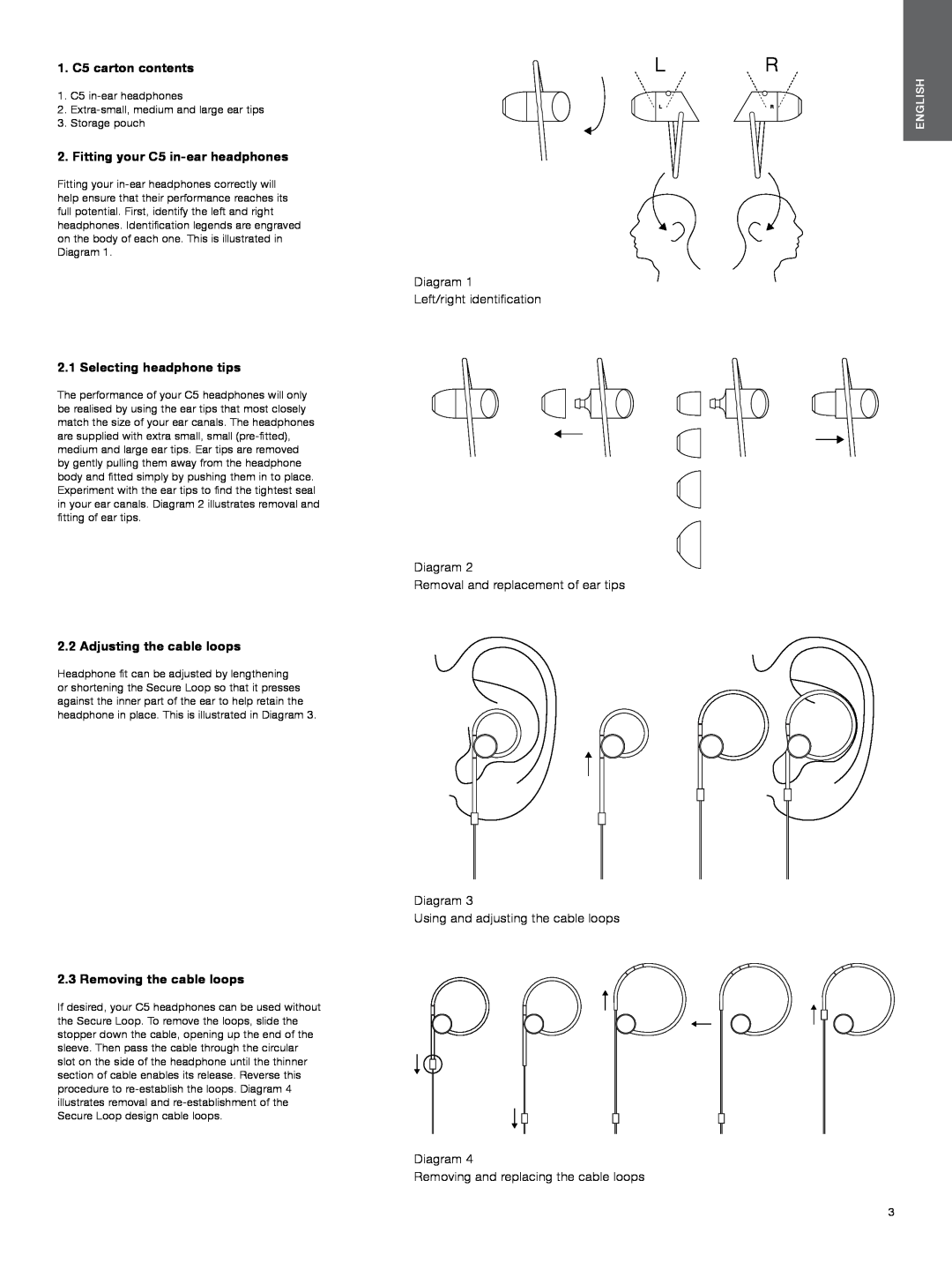 Bowers & Wilkins 1. C5 carton contents, Fitting your C5 in-earheadphones, Diagram Left/right identification, English 