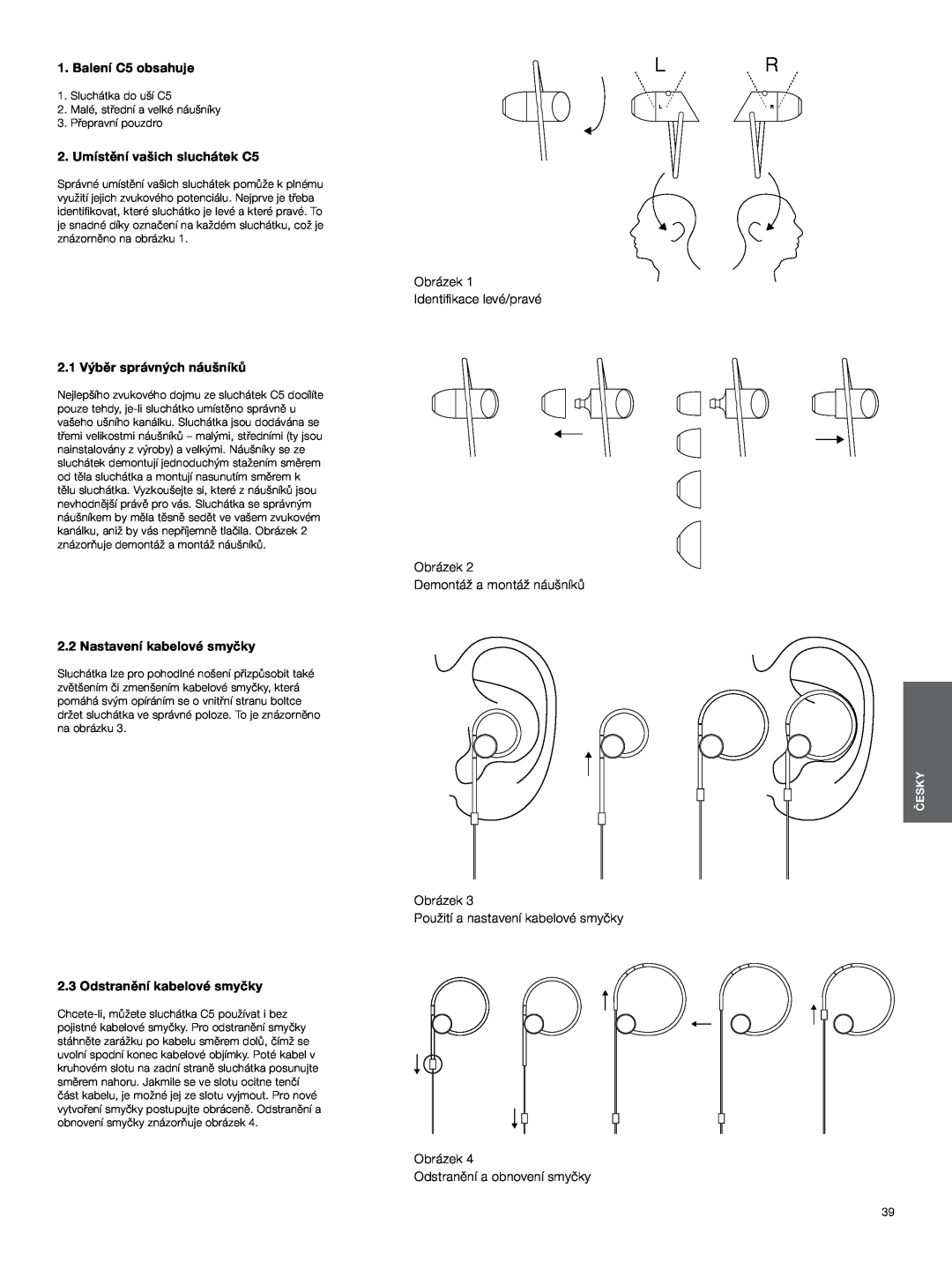 Bowers & Wilkins manual Balení C5 obsahuje, 2. Umístění vašich sluchátek C5, Obrázek Identifikace levé/pravé, Česky 