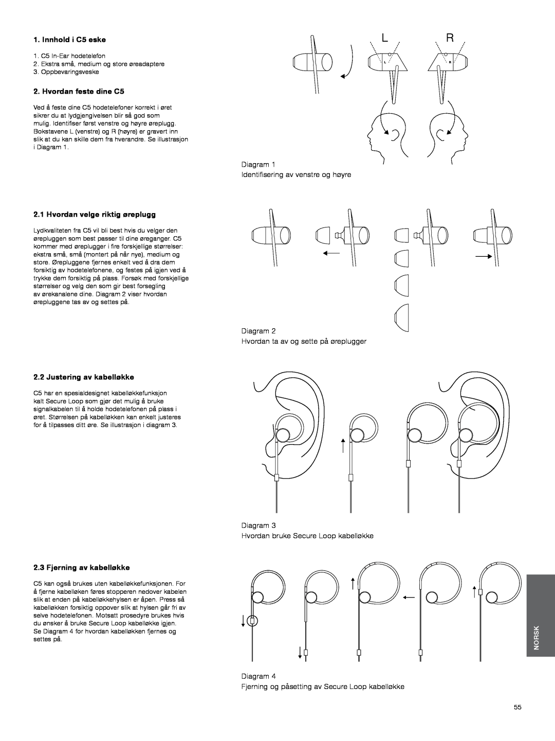Bowers & Wilkins manual Innhold i C5 eske, Hvordan feste dine C5, Diagram Identifisering av venstre og høyre, Norsk 