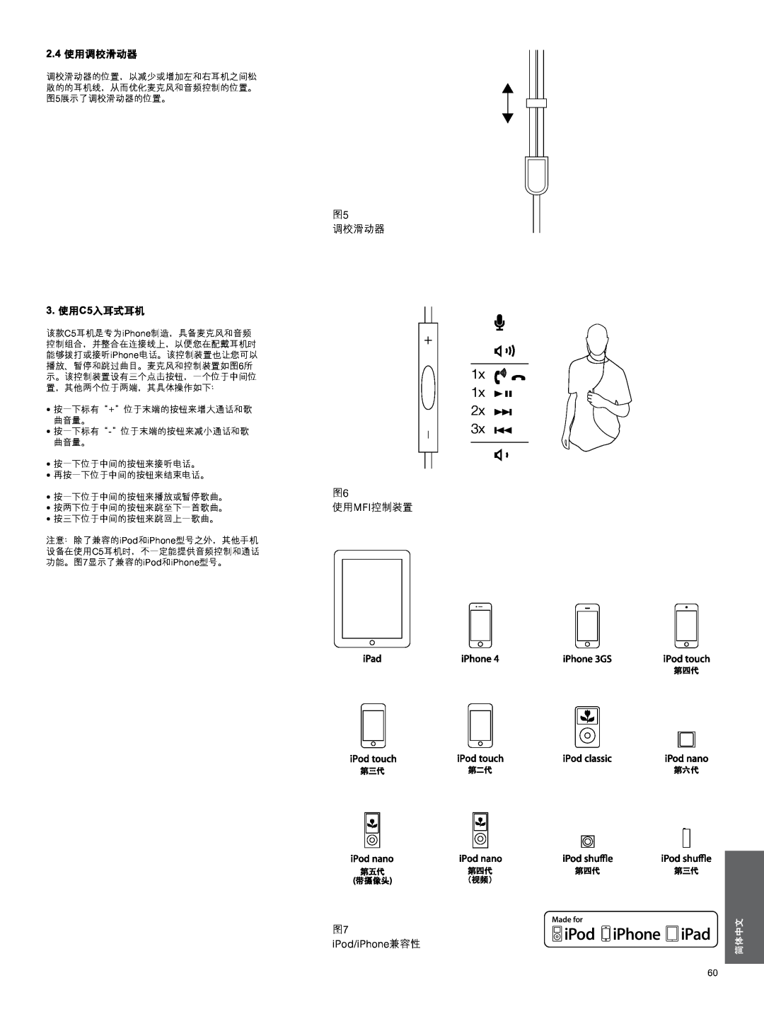 Bowers & Wilkins manual 1x, 2.4使用调校滑动器, 3.使用C5入耳式耳机, 图5 调校滑动器, 图6 使用MFI控制装置, iPod/iPhone兼容性, 简体中文 