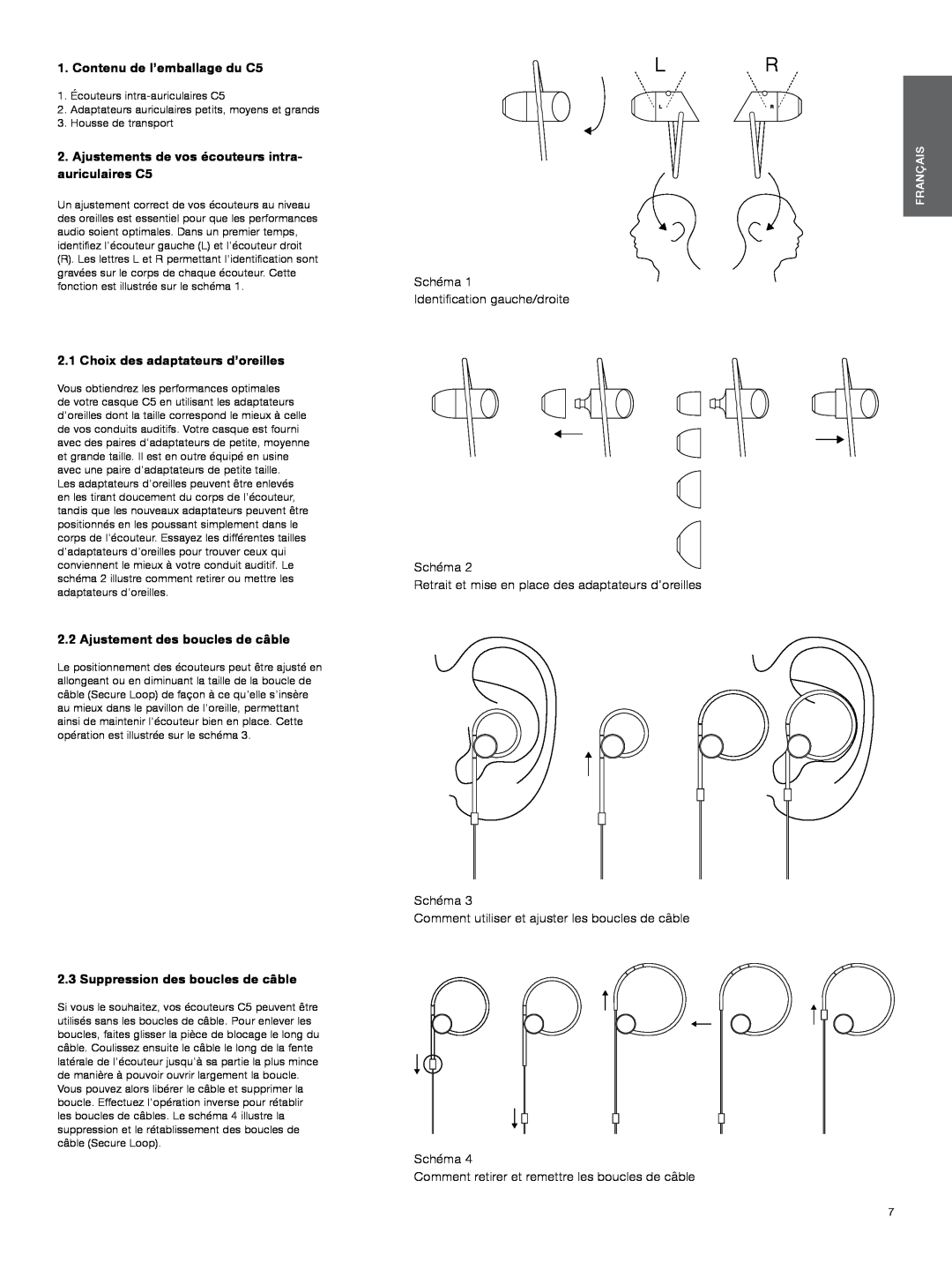Bowers & Wilkins manual Contenu de l’emballage du C5, Choix des adaptateurs d’oreilles, Ajustement des boucles de câble 